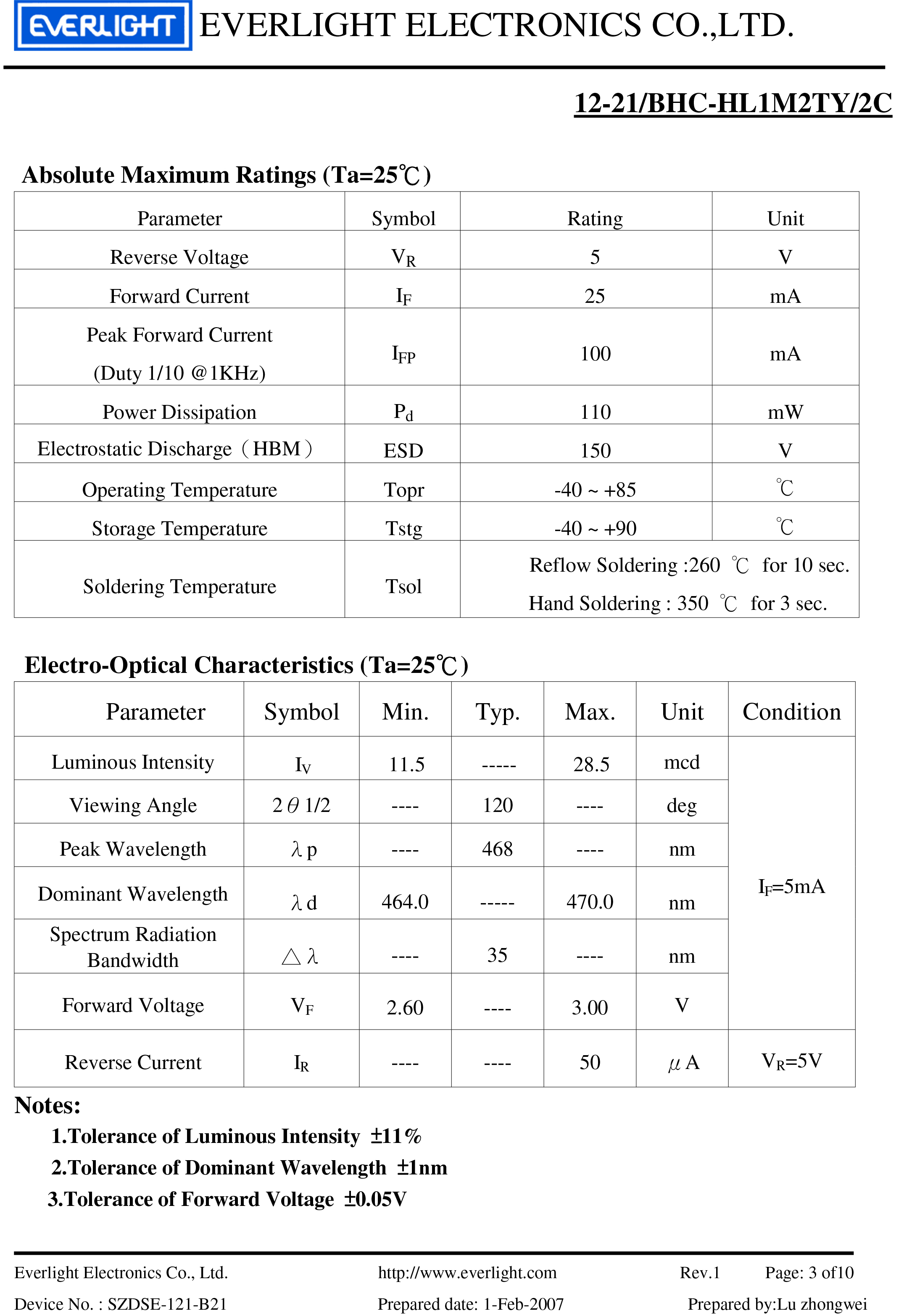 ed smd 1206  12-21/BHC-HL1M2TY/2C Datasheet