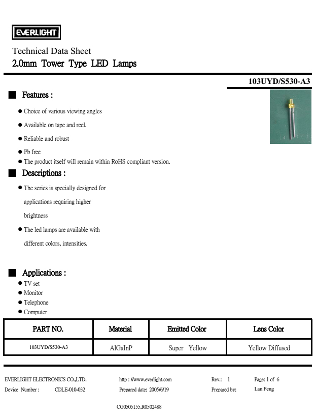 everlight led lamp 2mm 103UYD/S530-A3 Datasheet