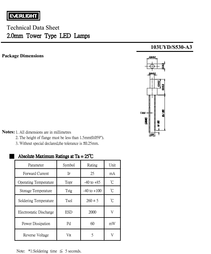 everlight led lamp 2mm 103UYD/S530-A3 Datasheet