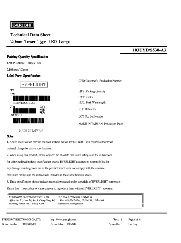 everlight led lamp 2mm 103UYD/S530-A3 Datasheet