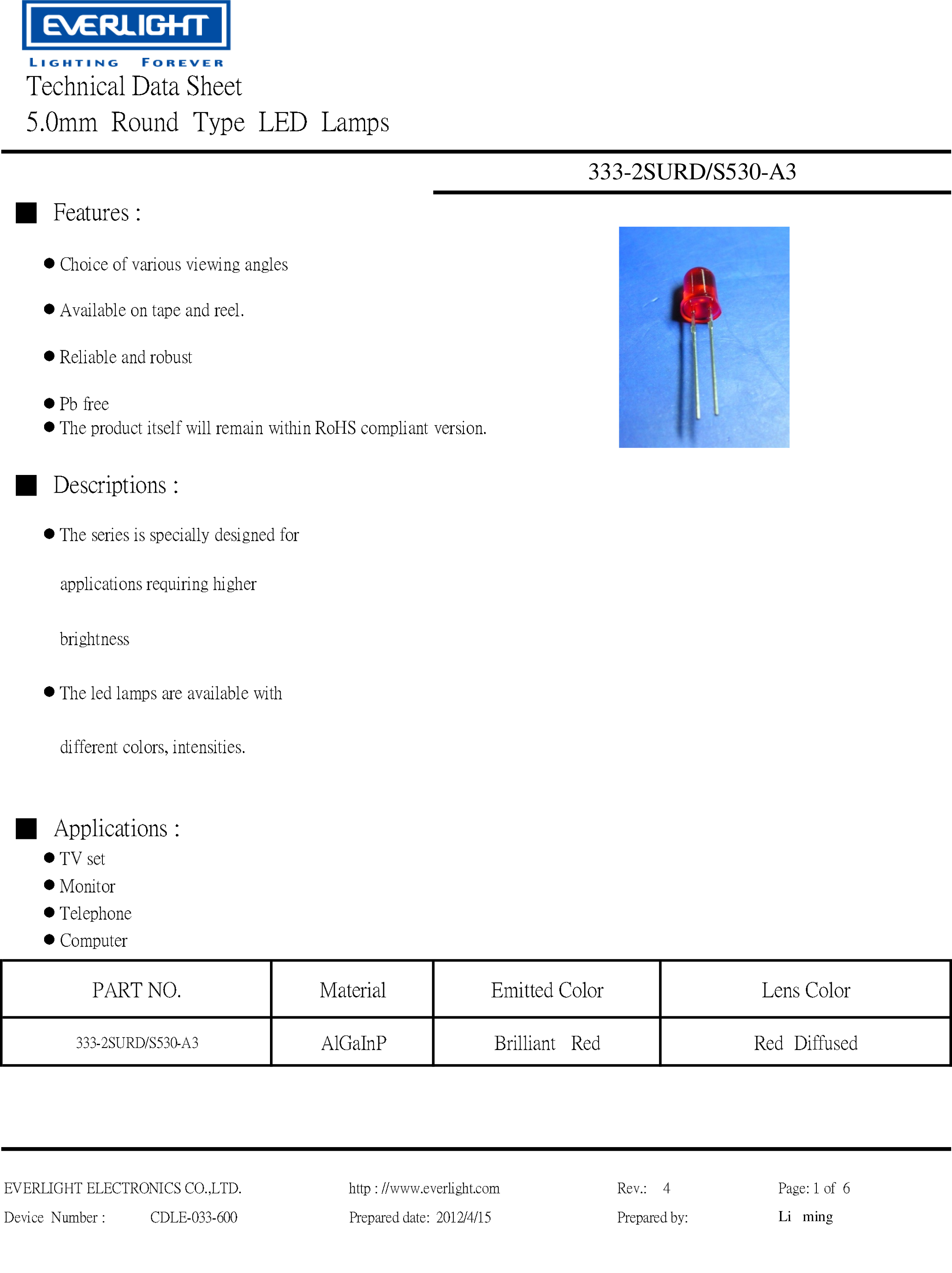 everlight led lamp 5mm 103UYD-S530-A3 Datasheet