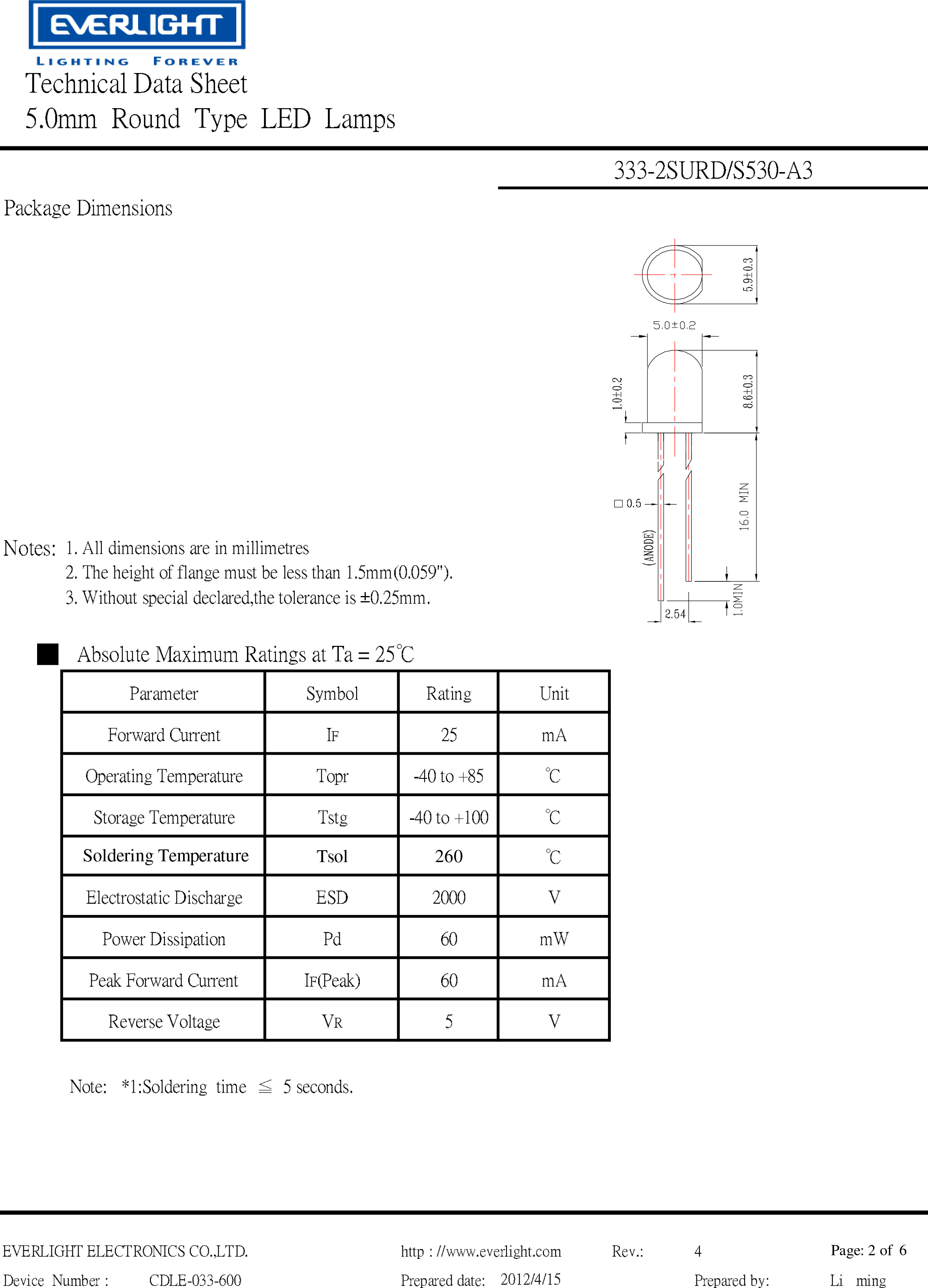 everlight led lamp 5mm 103UYD-S530-A3 Datasheet