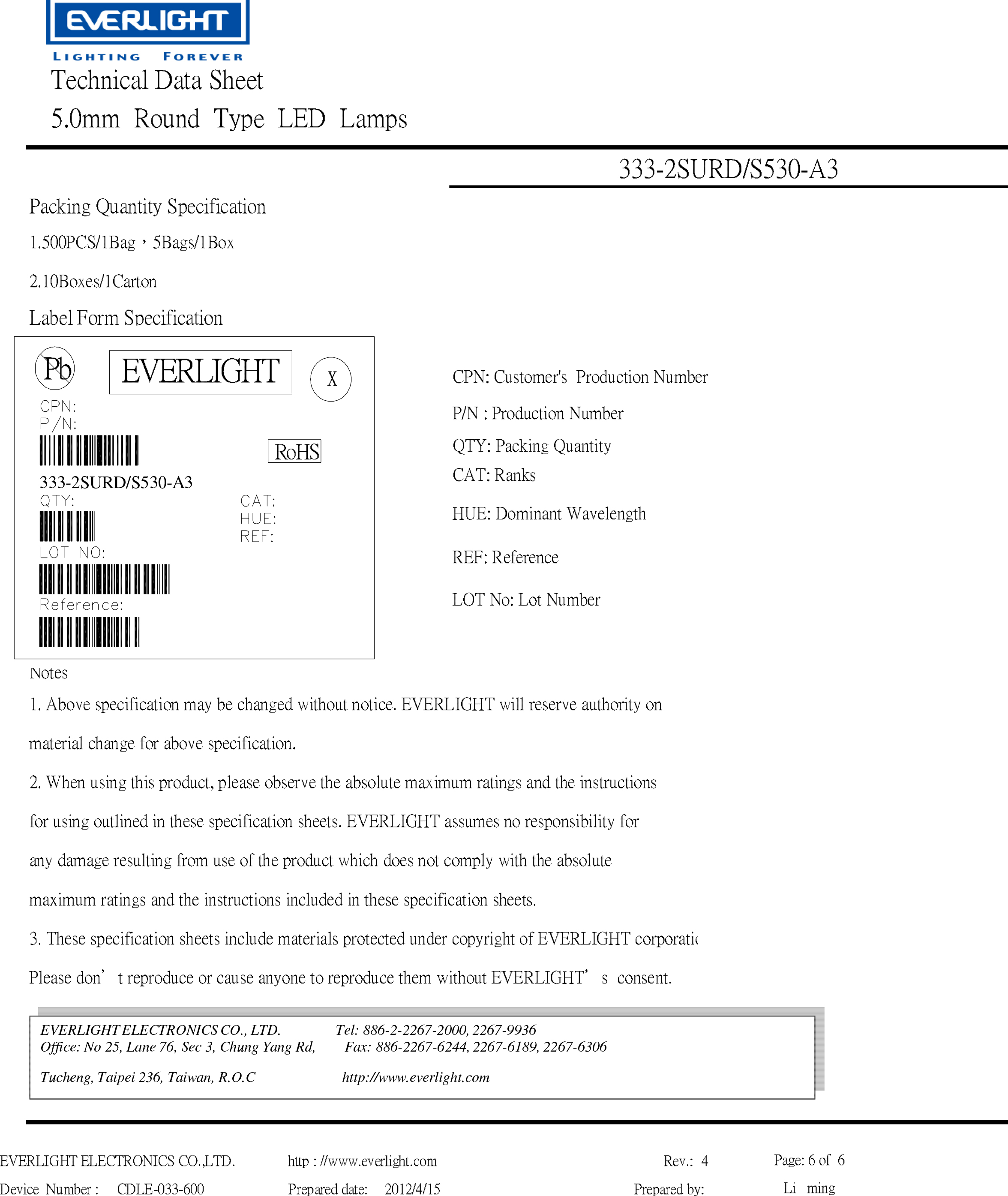 everlight led lamp 5mm 103UYD-S530-A3 Datasheet