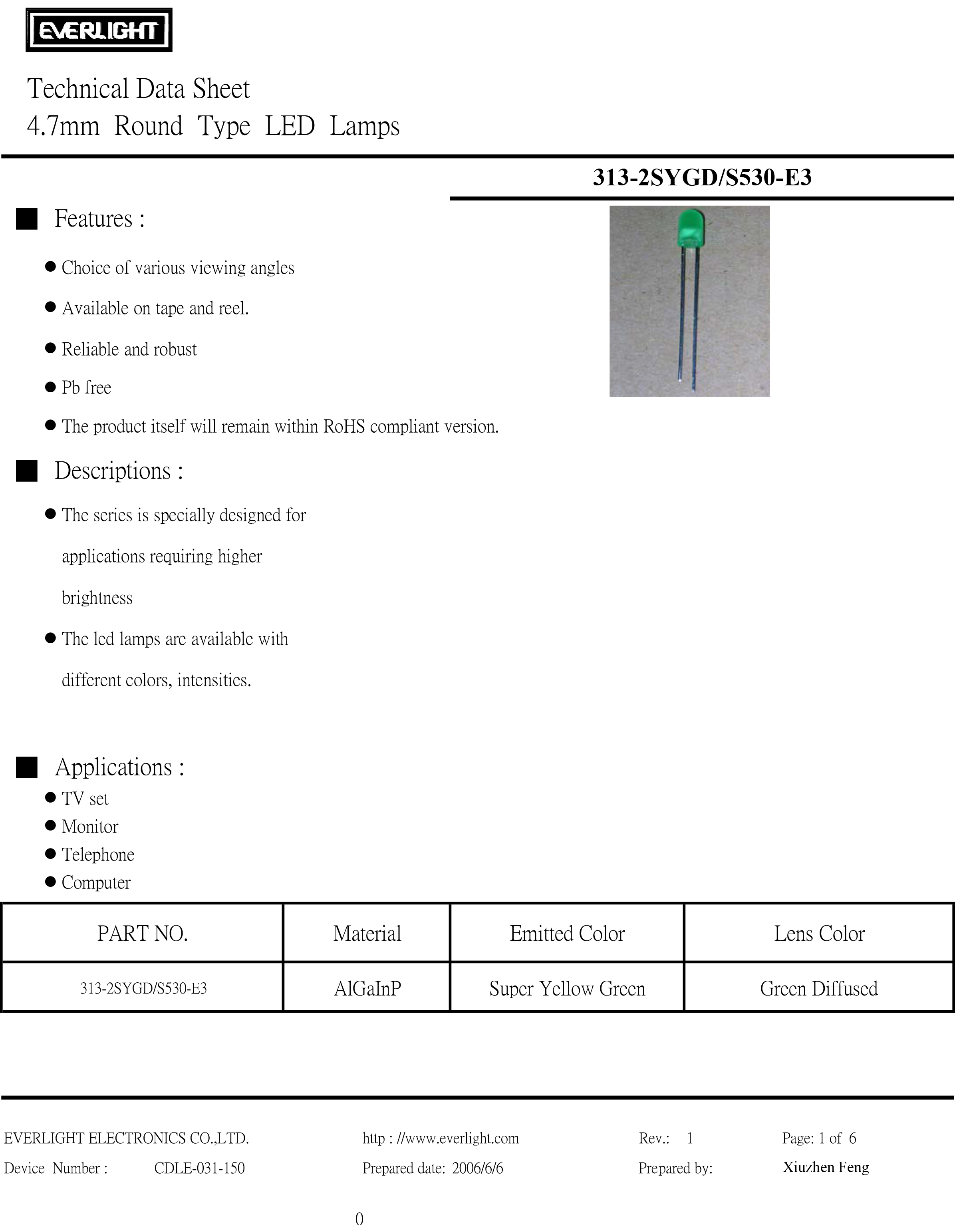 everlight led lamp 5mm 313-2SYGD-S530-E3 Datasheet