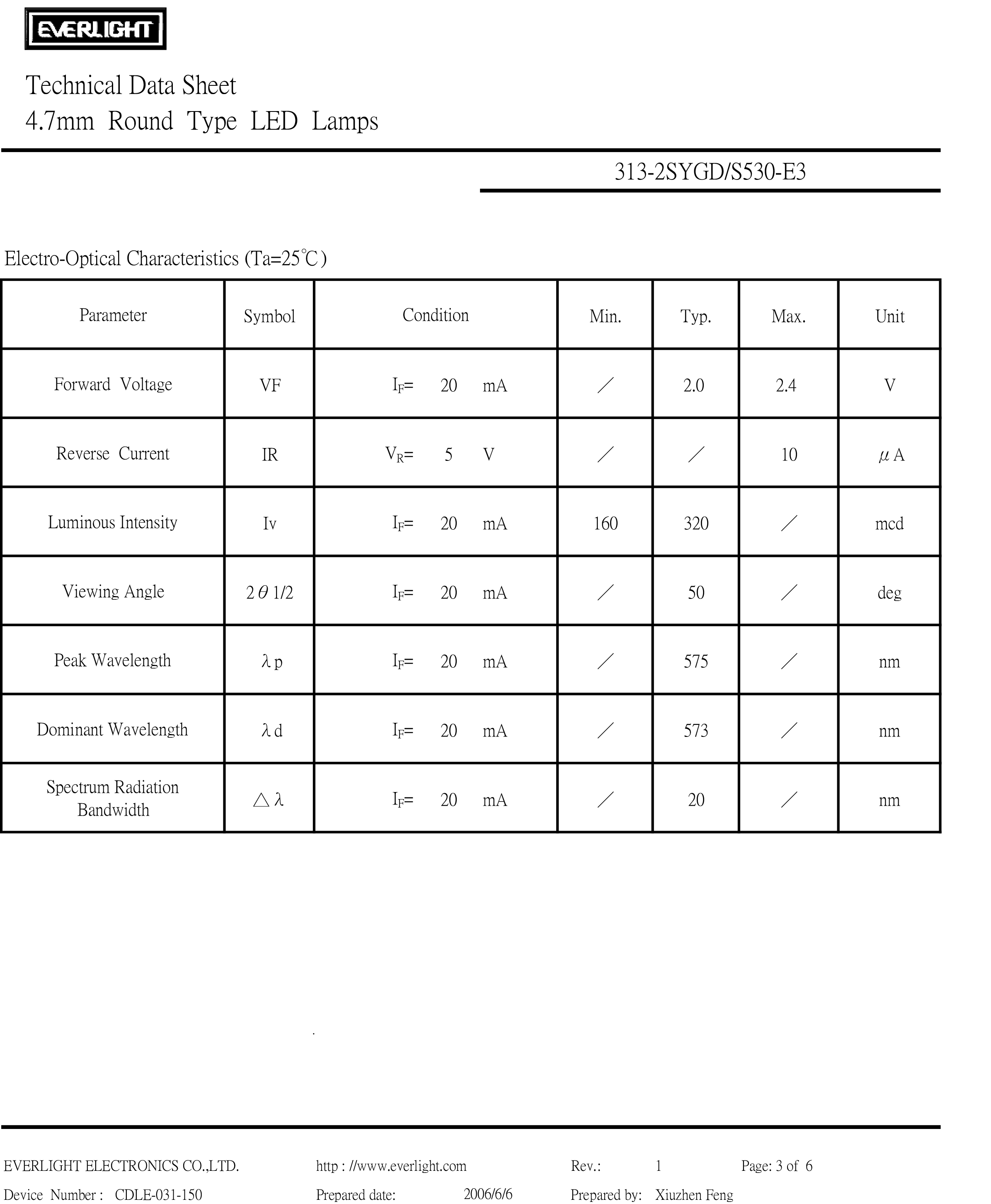 everlight led lamp 5mm 313-2SYGD-S530-E3 Datasheet