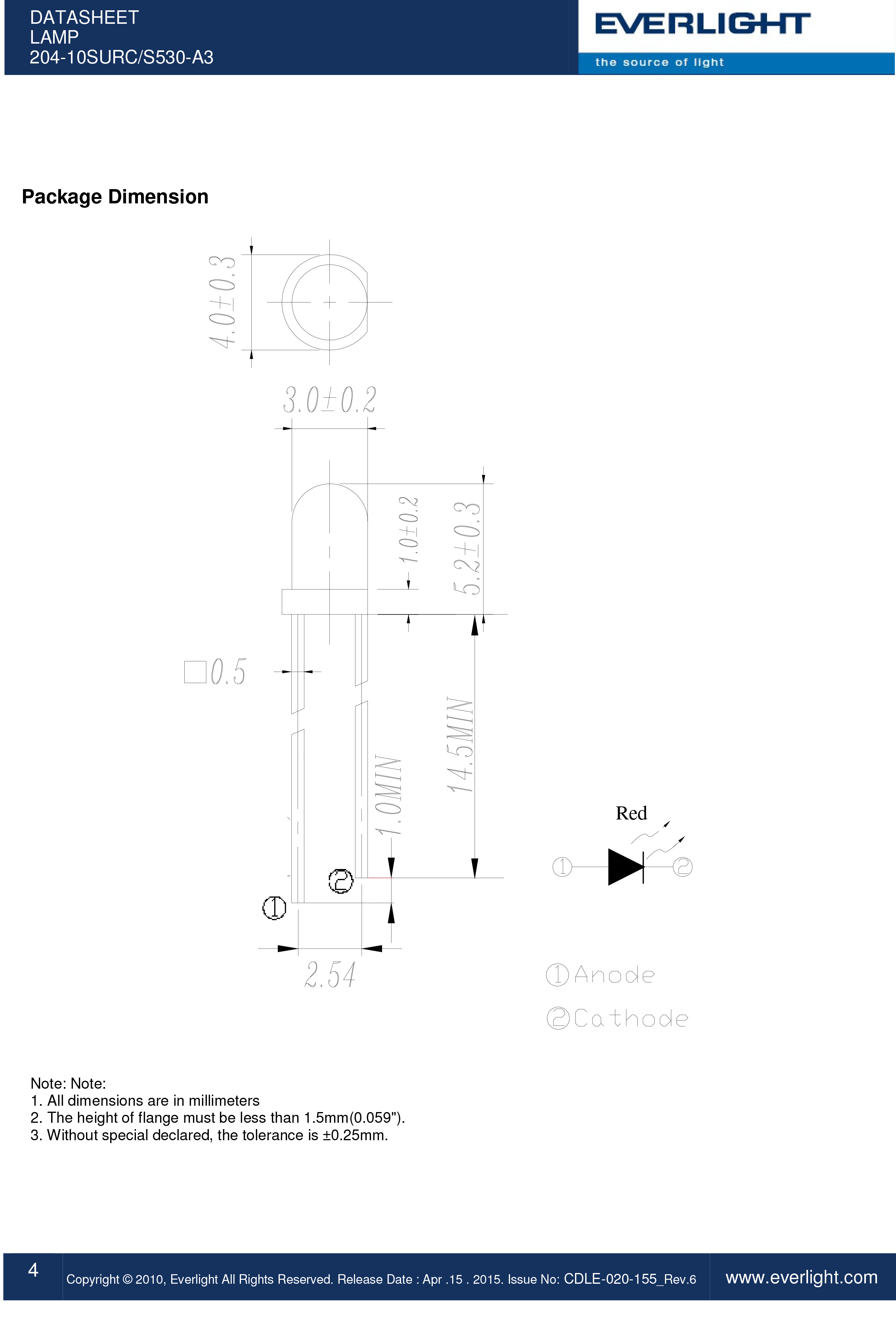 everlight led lamp 3mm 204-10SURC/S530-A3 Datasheet