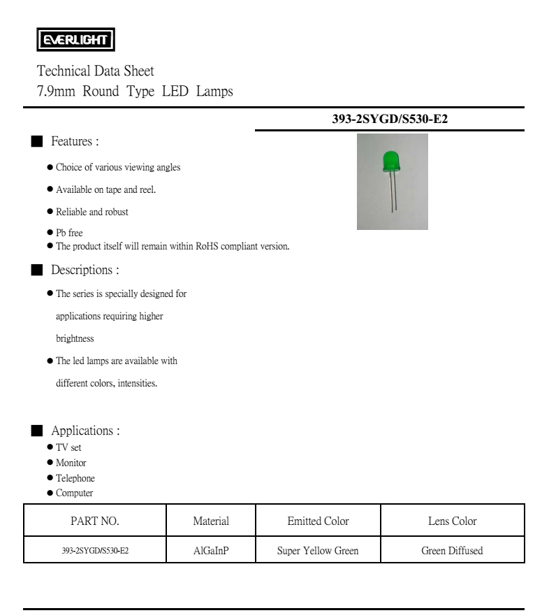 everlight led lamp 8mm 393-2SYGD/S530-E2 Datasheet