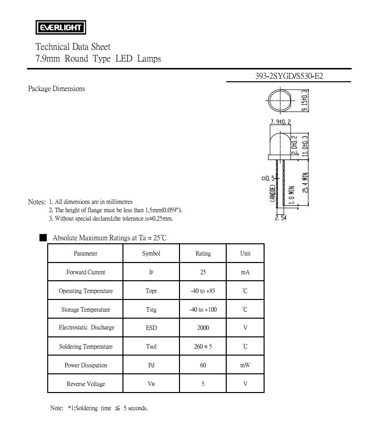 everlight led lamp 8mm 393-2SYGD/S530-E2 Datasheet