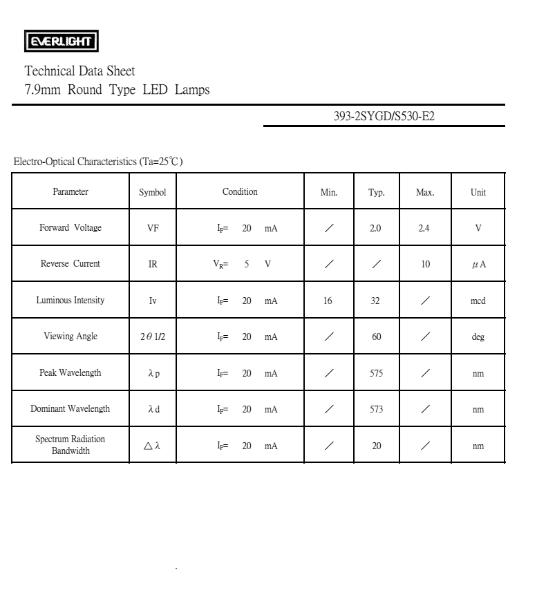 everlight led lamp 8mm 393-2SYGD/S530-E2 Datasheet