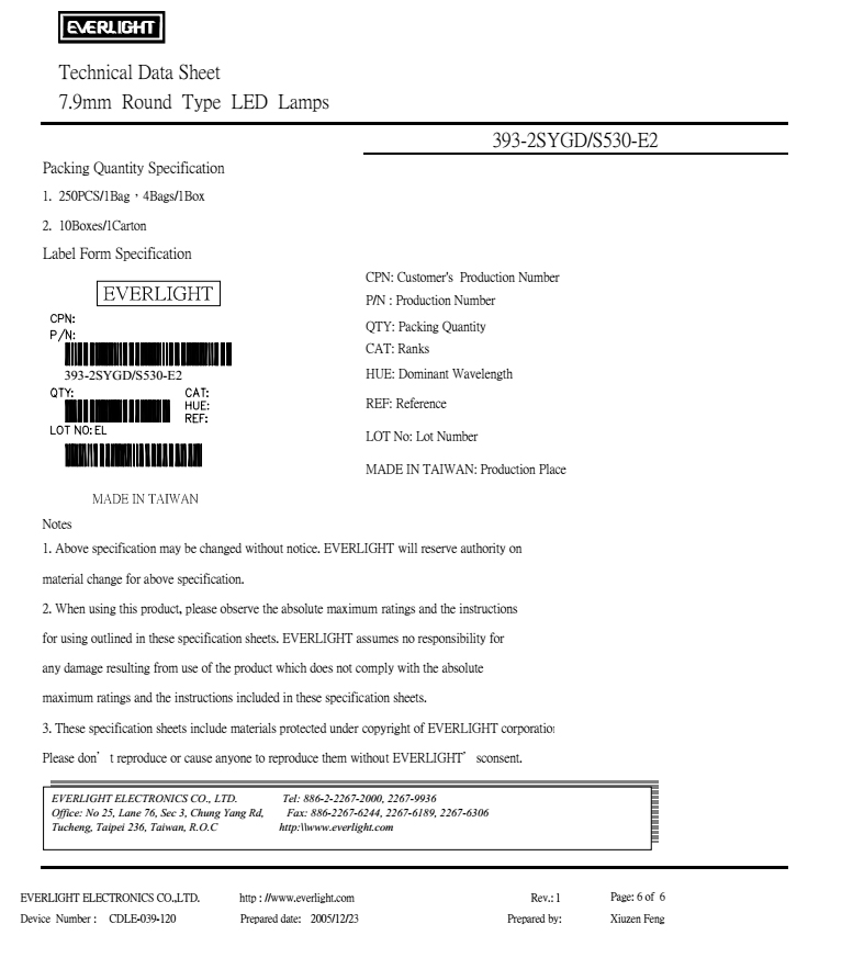 everlight led lamp 8mm 393-2SYGD/S530-E2 Datasheet