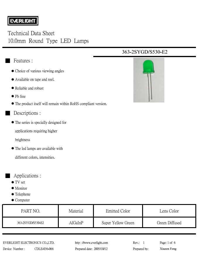 everlight led lamp 10mm 363-2SYGD/S530-E2 Datasheet