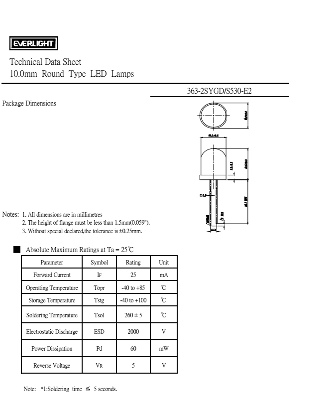 everlight led lamp 10mm 363-2SYGD/S530-E2 Datasheet