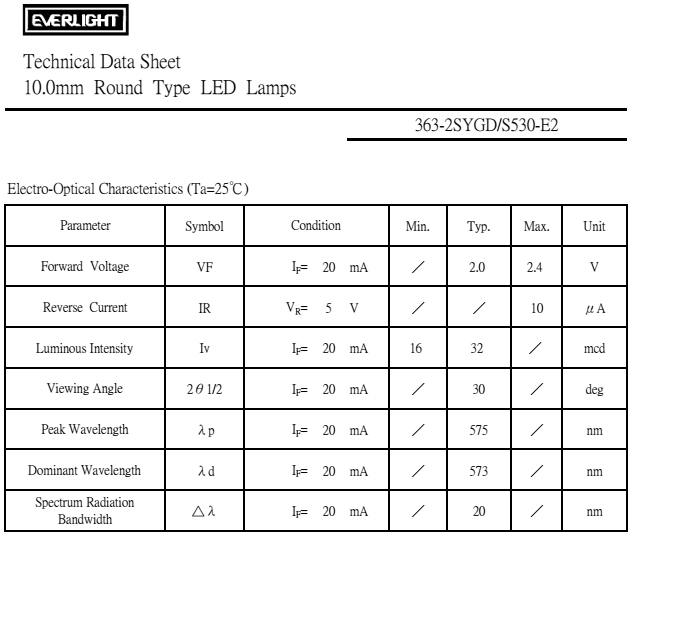 everlight led lamp 10mm 363-2SYGD/S530-E2 Datasheet