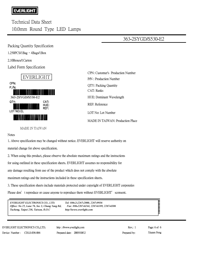 everlight led lamp 10mm 363-2SYGD/S530-E2 Datasheet