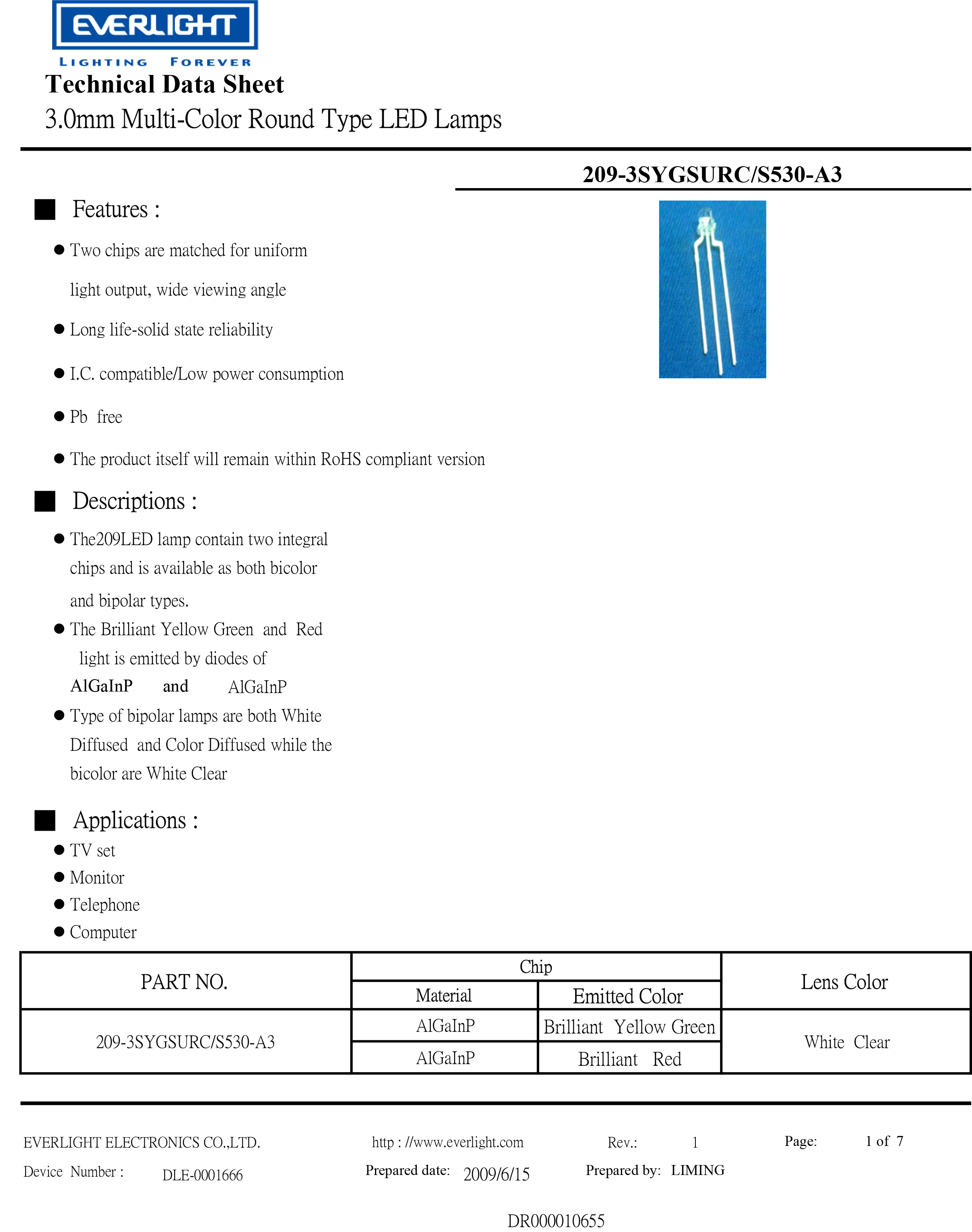 everlight led 3mm lamp 209-3SYGSURC/S530-A3 Datasheet