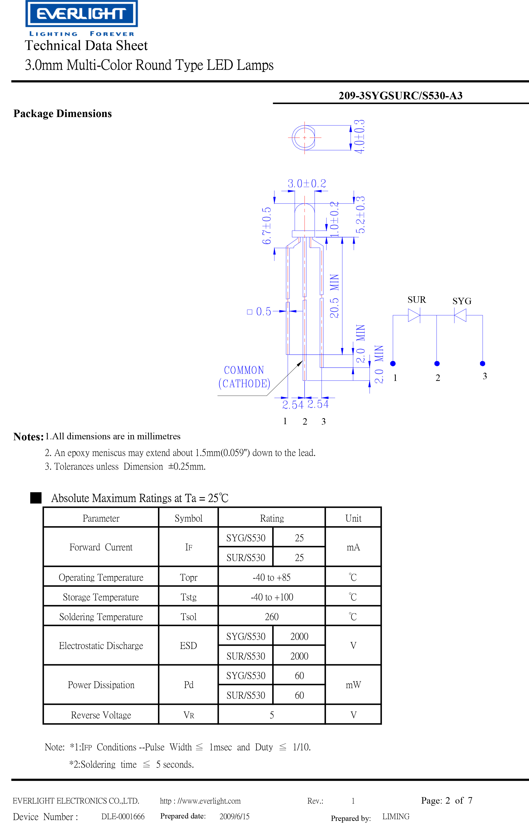 everlight led 3mm lamp 209-3SYGSURC/S530-A3 Datasheet