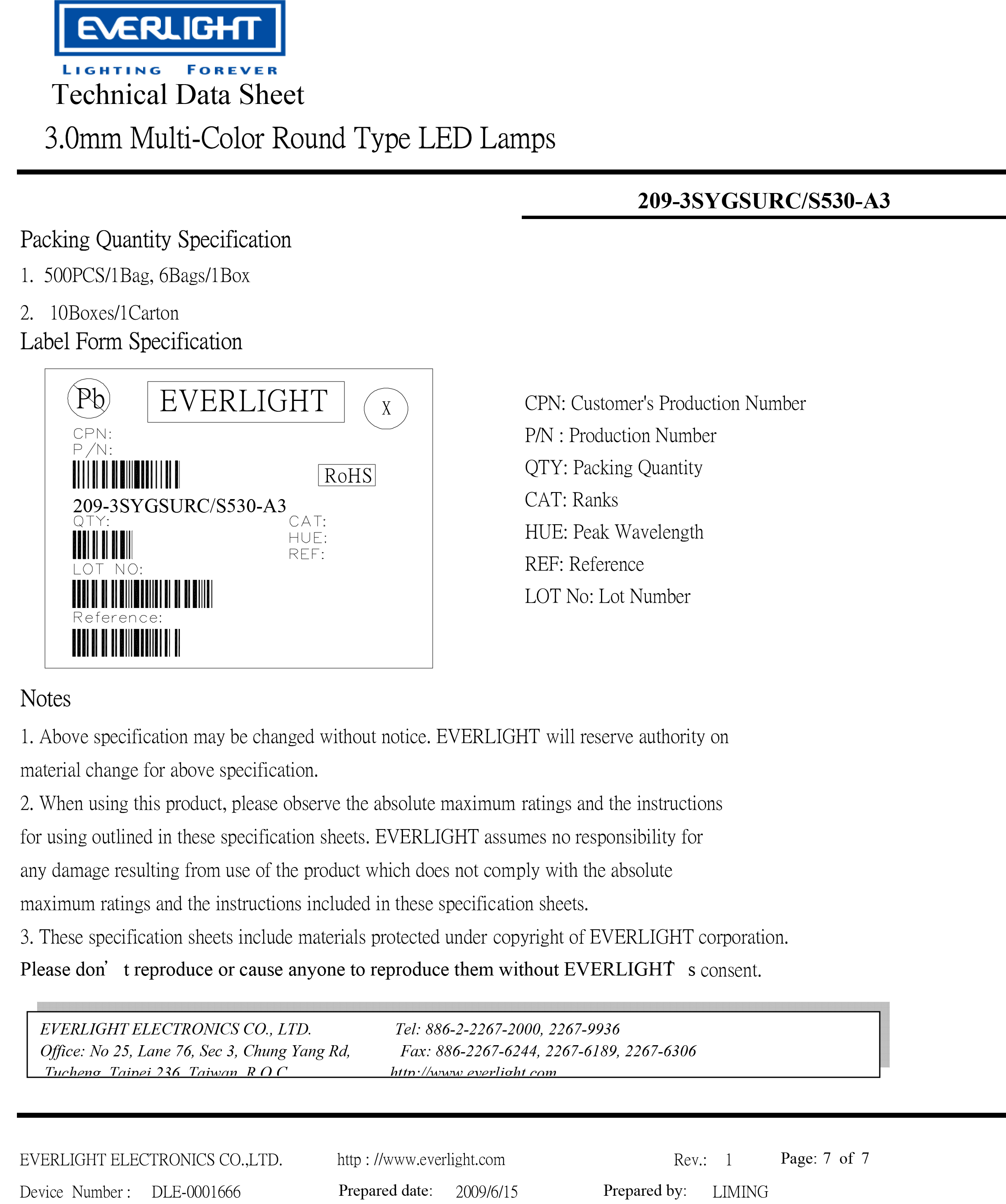 everlight led 3mm lamp 209-3SYGSURC/S530-A3 Datasheet