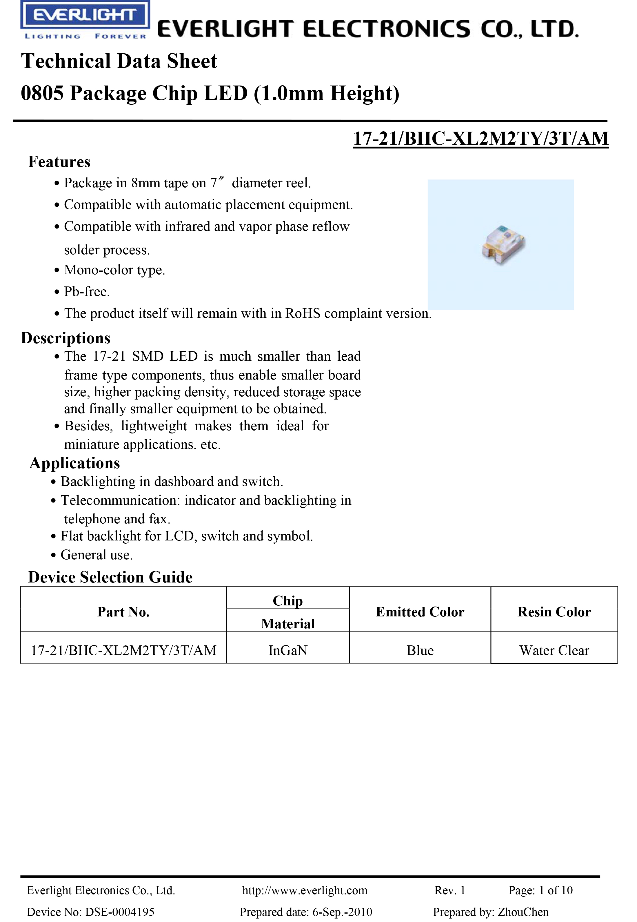 everlight 0805 Car lamp beads 17-21-BHC-XL2M2TY-3T-AM Datasheet