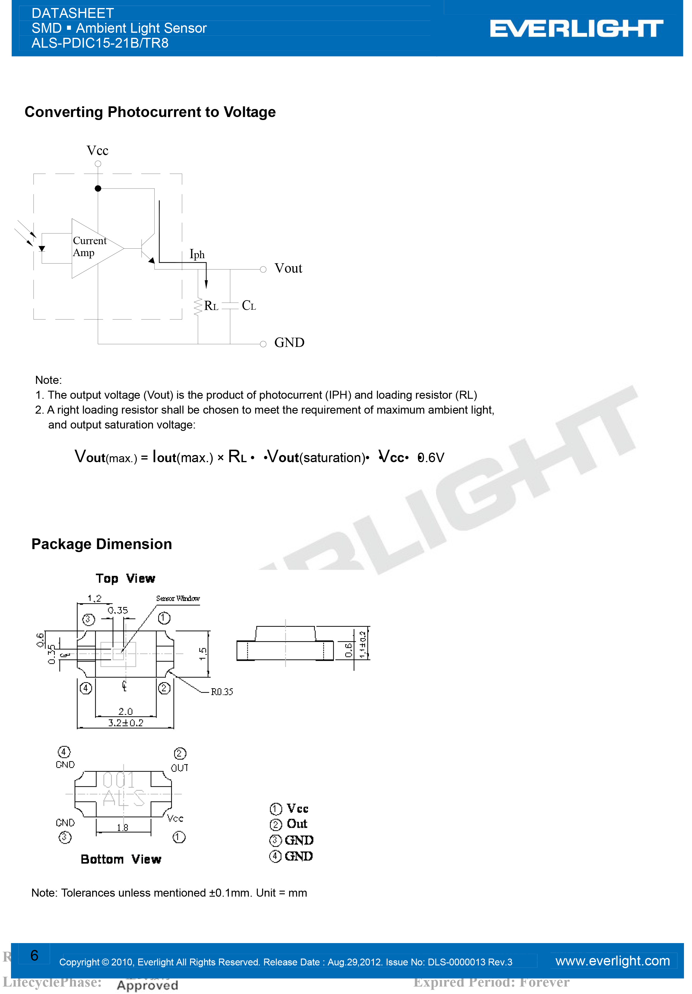 EVERLIGHT SMD 1206 AMBIENT LIGHT SENSOR ALS-PDIC15-21B-TR8 Datasheet