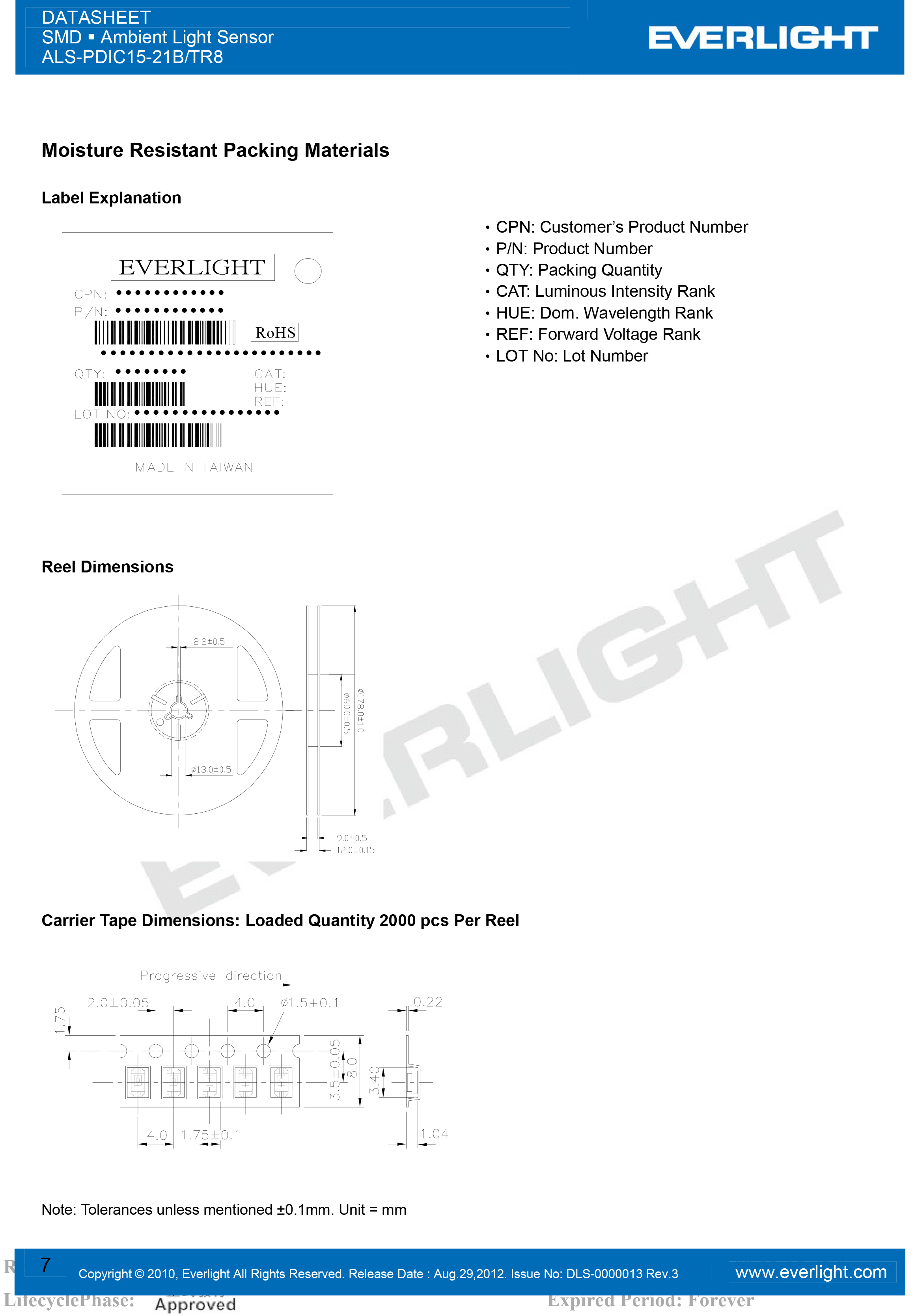 EVERLIGHT SMD 1206 AMBIENT LIGHT SENSOR ALS-PDIC15-21B-TR8 Datasheet