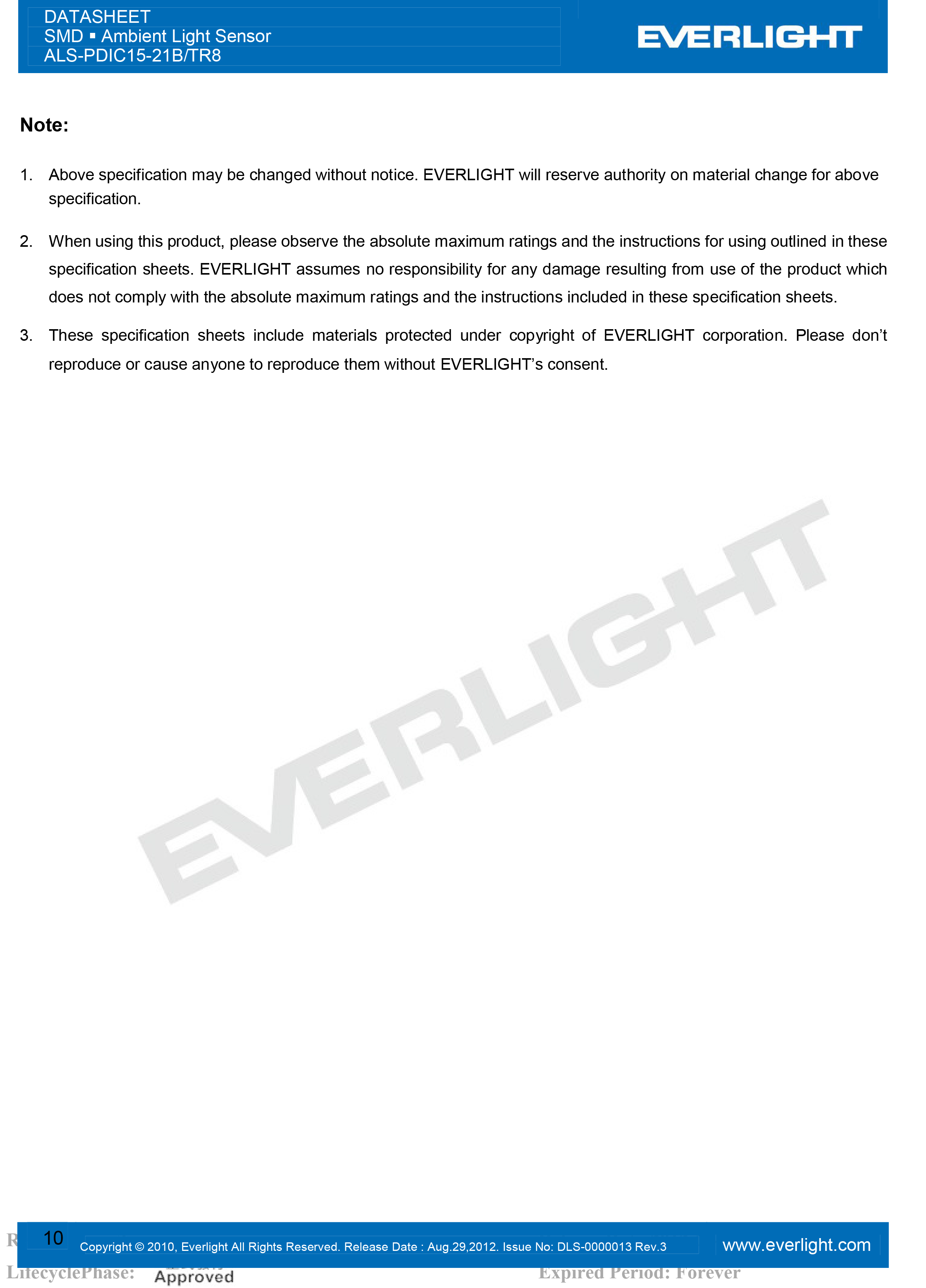 EVERLIGHT SMD 1206 AMBIENT LIGHT SENSOR ALS-PDIC15-21B-TR8 Datasheet