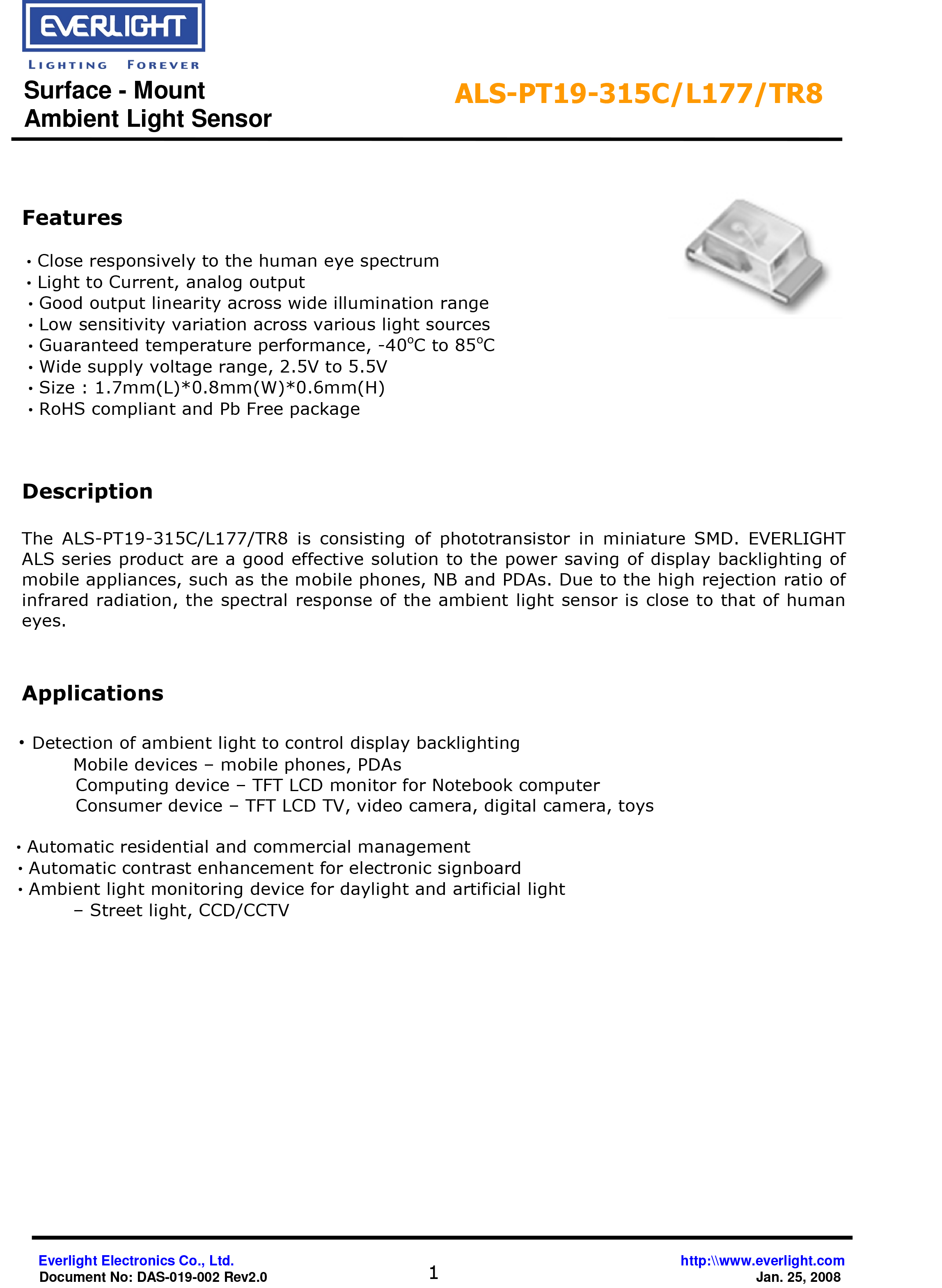 EVERLIGHT  AMBIENT LIGHT SENSOR ALS-PT19-315C-L177-TR8 Datasheet