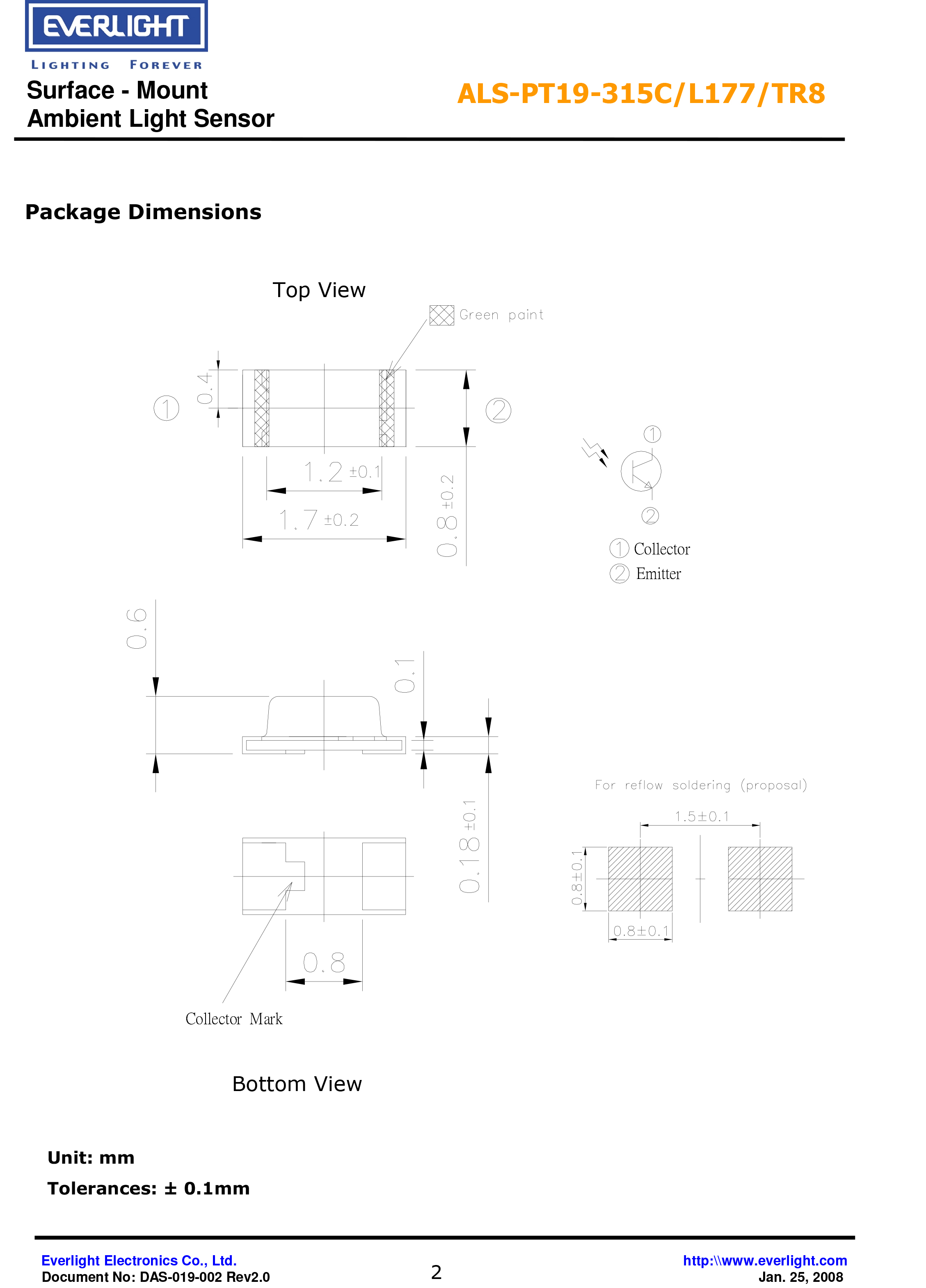 EVERLIGHT  AMBIENT LIGHT SENSOR ALS-PT19-315C-L177-TR8 Datasheet