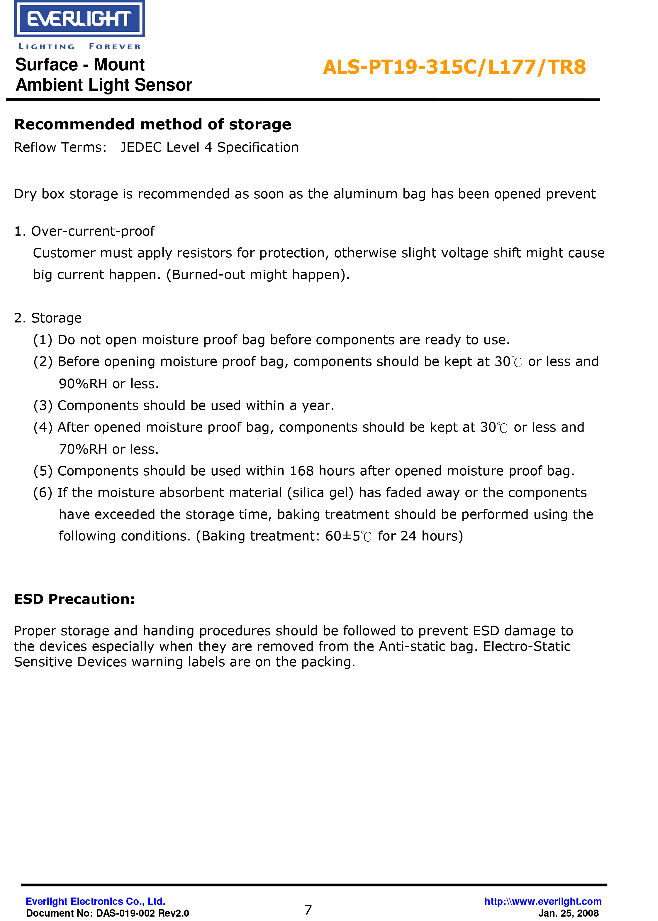 EVERLIGHT  AMBIENT LIGHT SENSOR ALS-PT19-315C-L177-TR8 Datasheet