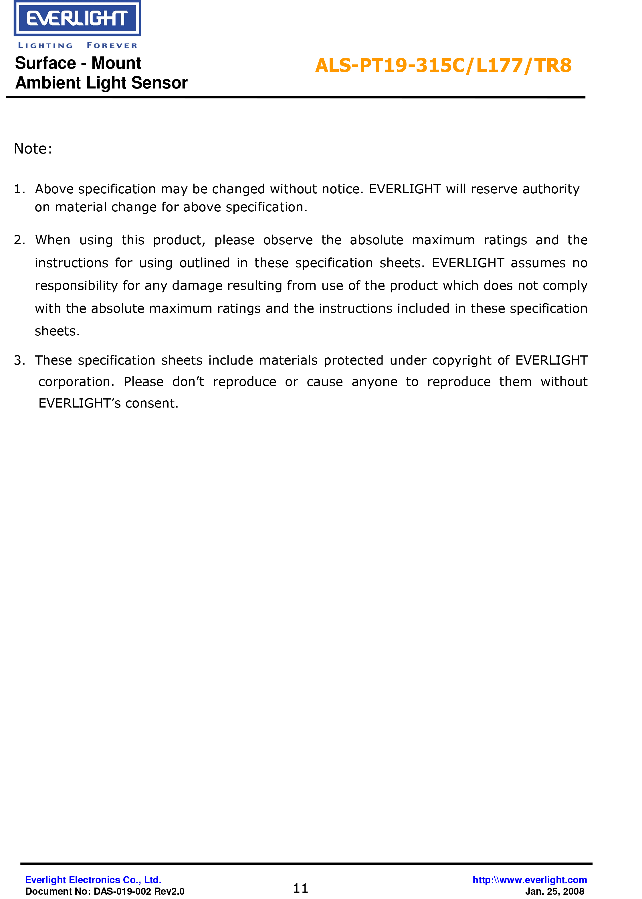 EVERLIGHT  AMBIENT LIGHT SENSOR ALS-PT19-315C-L177-TR8 Datasheet