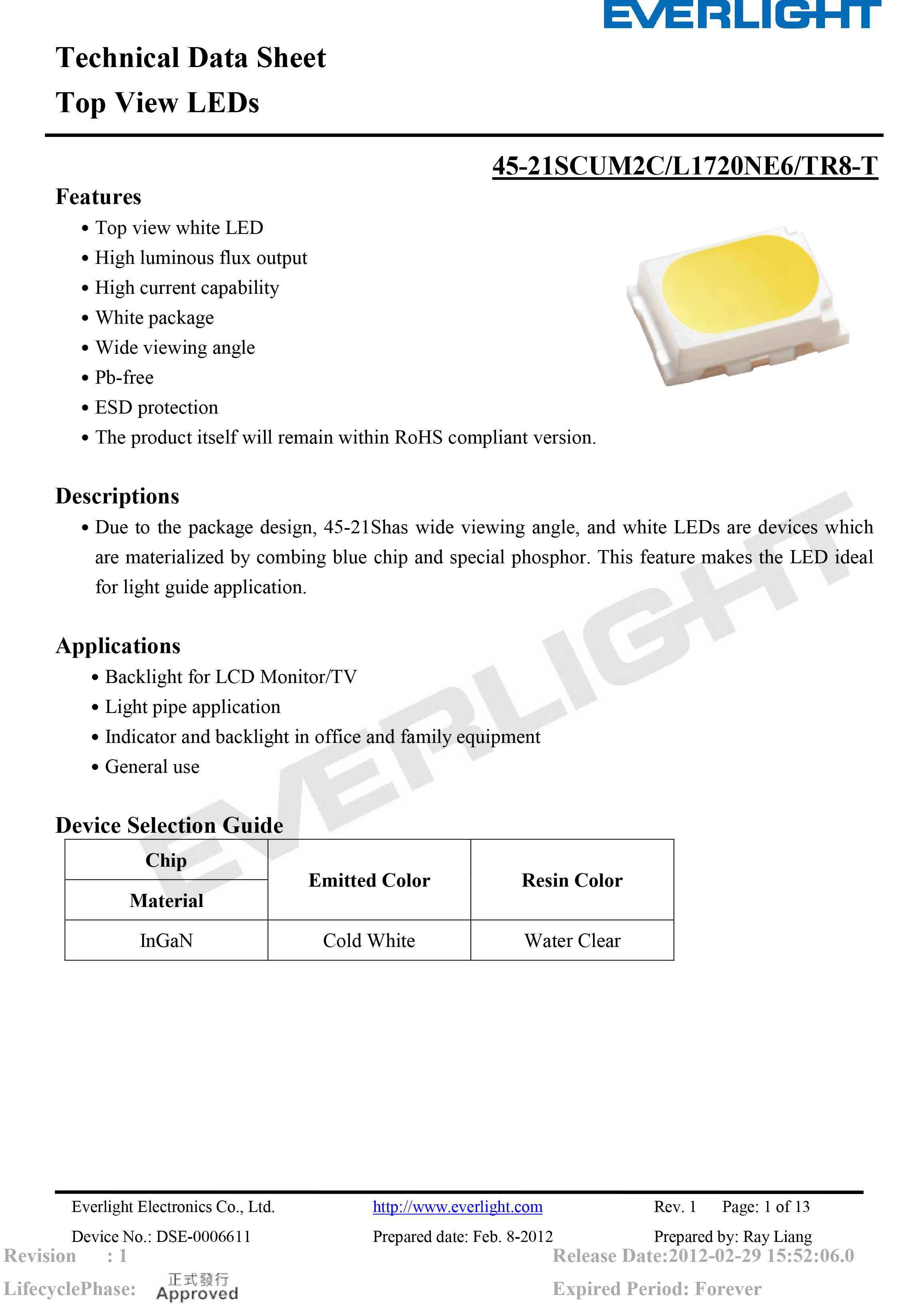 EVERLIGHT SMD LED 3020 45-21SCUM2C/L1720NE6/TR8-T Datasheet