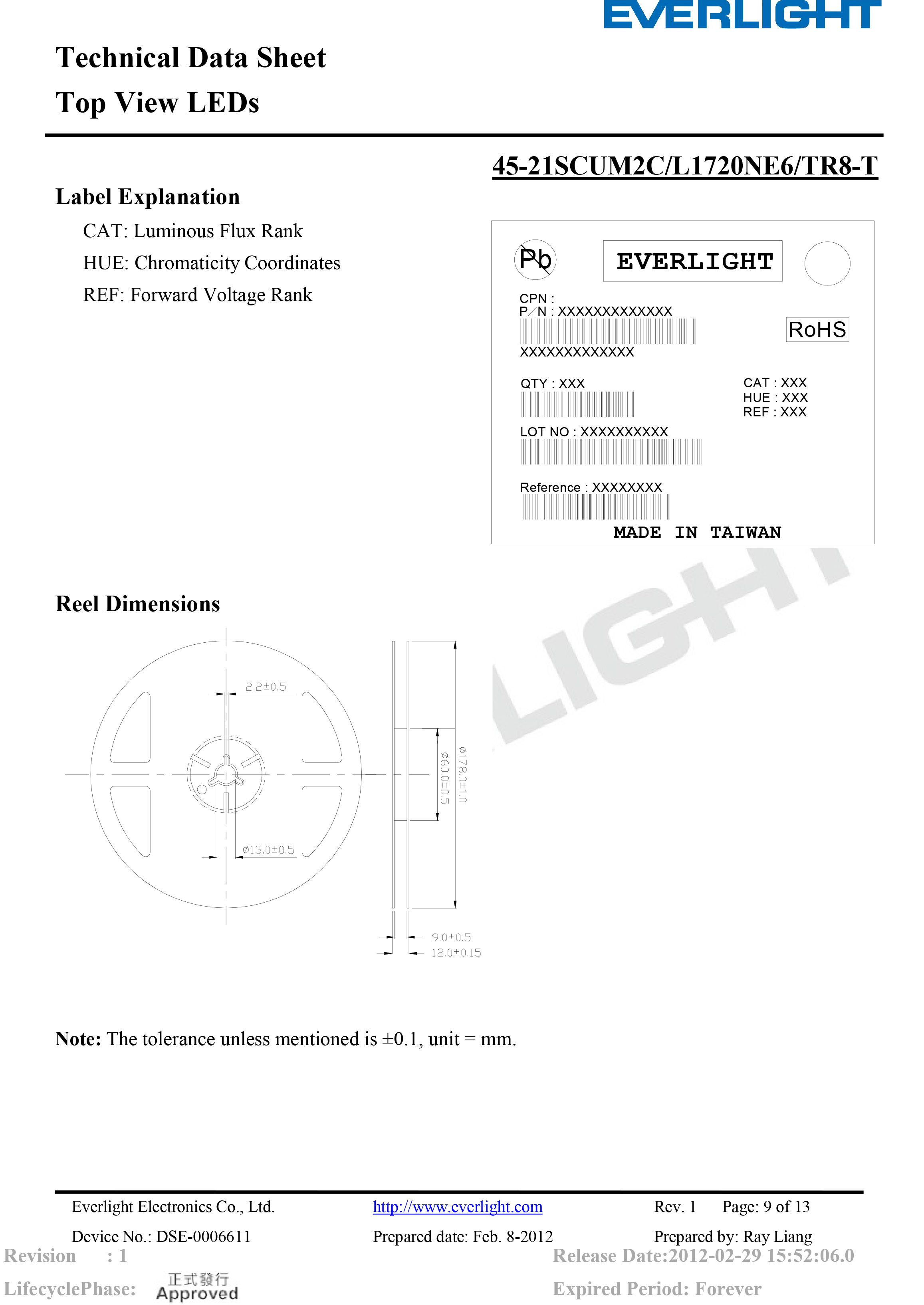 EVERLIGHT SMD LED 3020 45-21SCUM2C/L1720NE6/TR8-T Datasheet