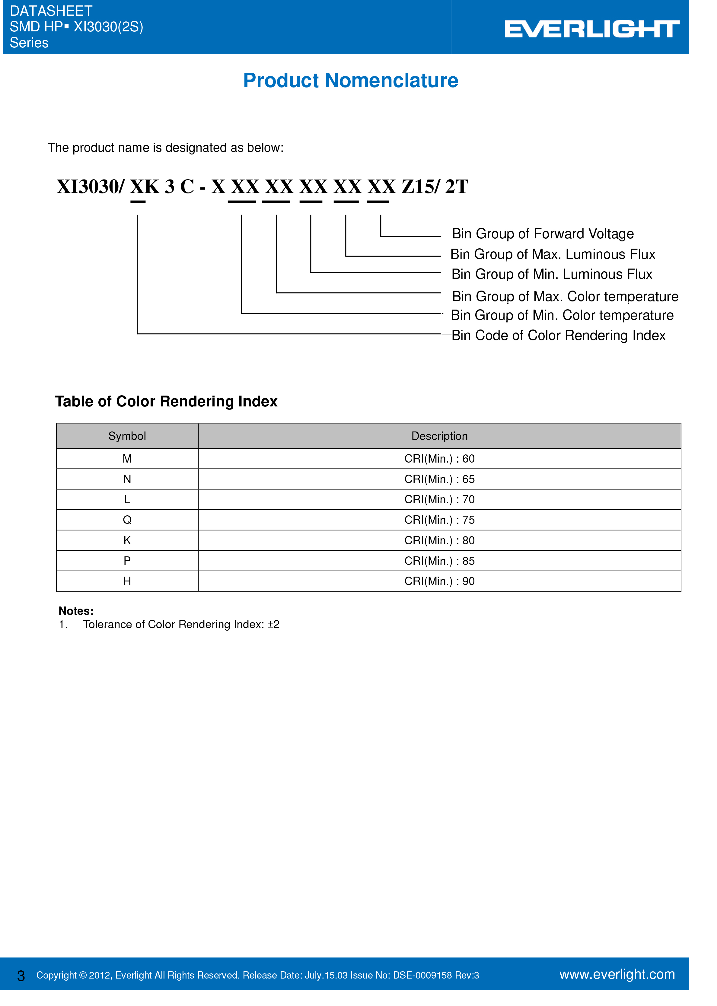 EVERLIGHT SMD 3030 LED  XI3030/KK3C-H2727R8S4S2Z15/2T Datasheet