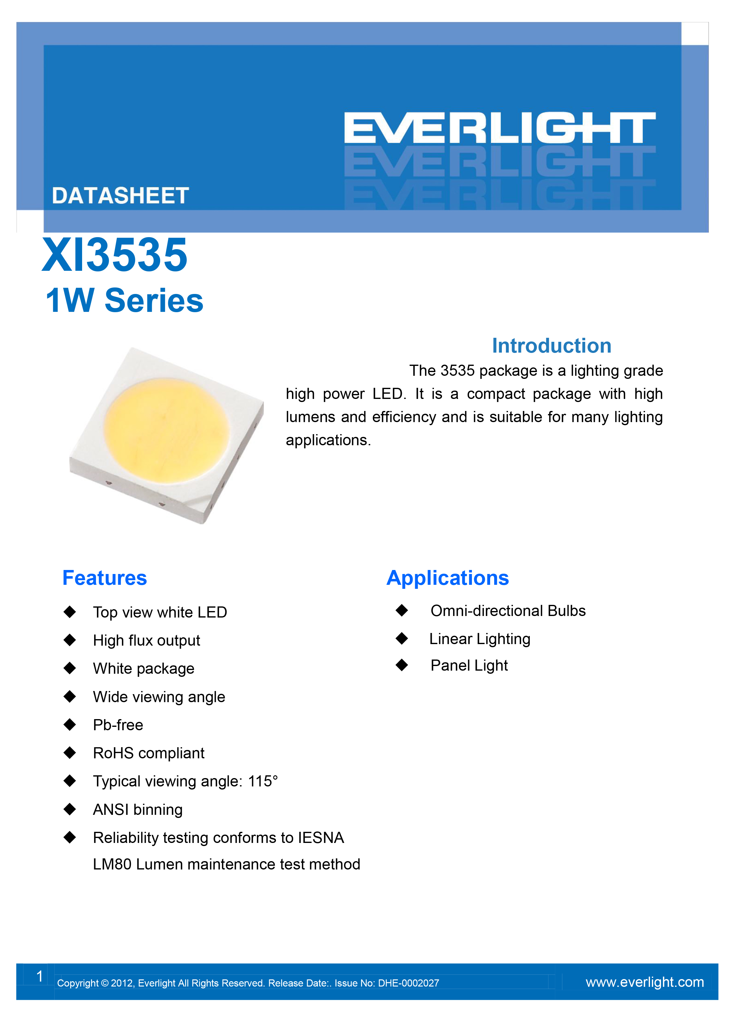 EVERLIGHT SMD 3535 LED XI3535-KM277F9-03201-000P Datasheet