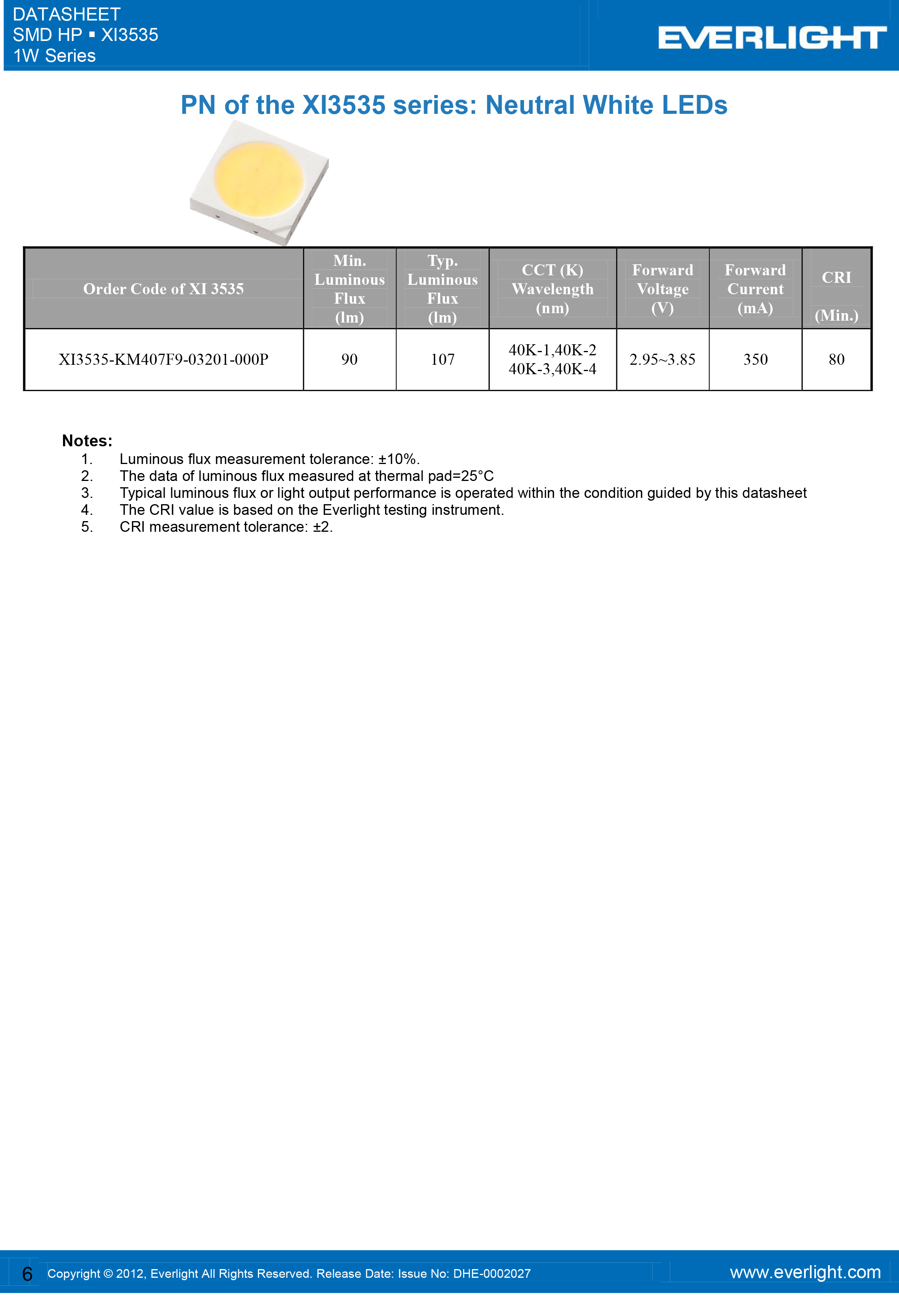 EVERLIGHT SMD 3535 LED XI3535-KM277F9-03201-000P Datasheet