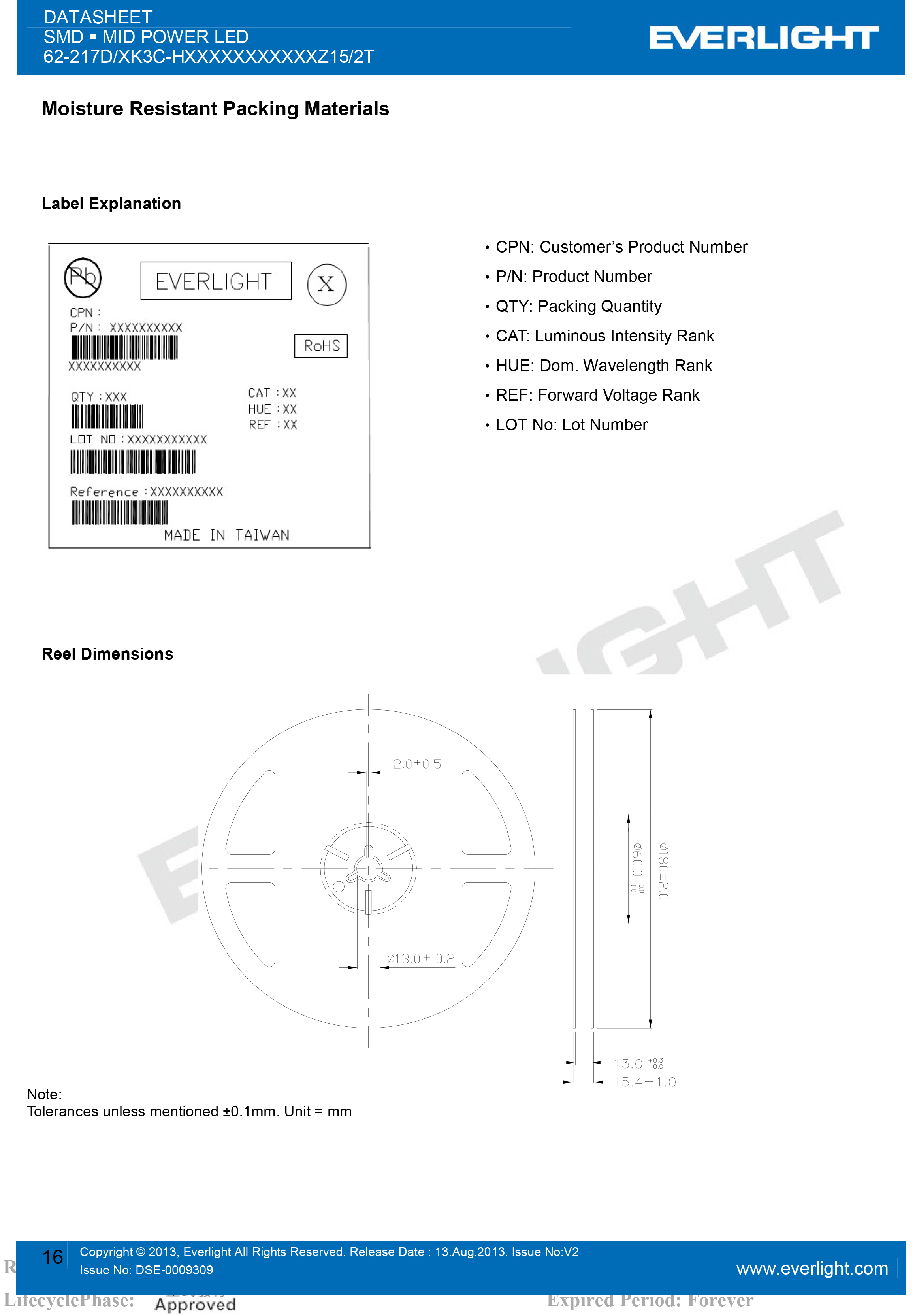 EVERLIGHT SMD LED5630  62-217D/KK3C-H2727QAR3B42Z15/2T Datasheet