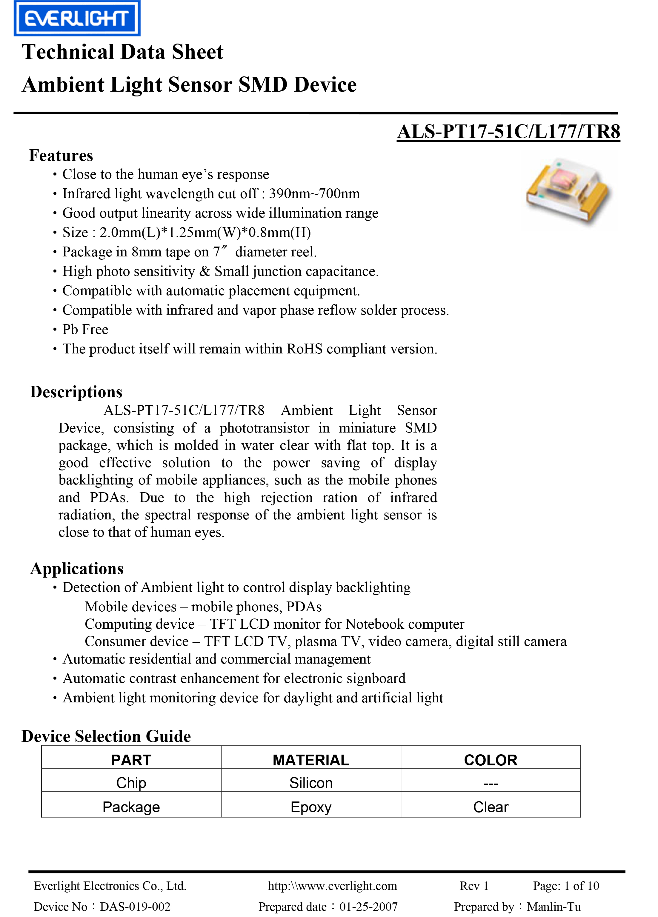 EVERLIGHT SMD 0805 AMBIENT LIGHT SENSOR ALS-PT17-51C/L177/TR8 Datasheet