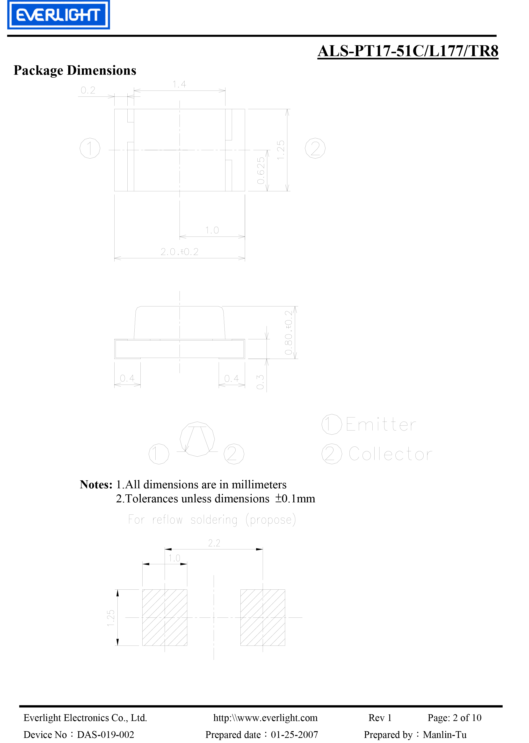 EVERLIGHT SMD 0805 AMBIENT LIGHT SENSOR ALS-PT17-51C/L177/TR8 Datasheet