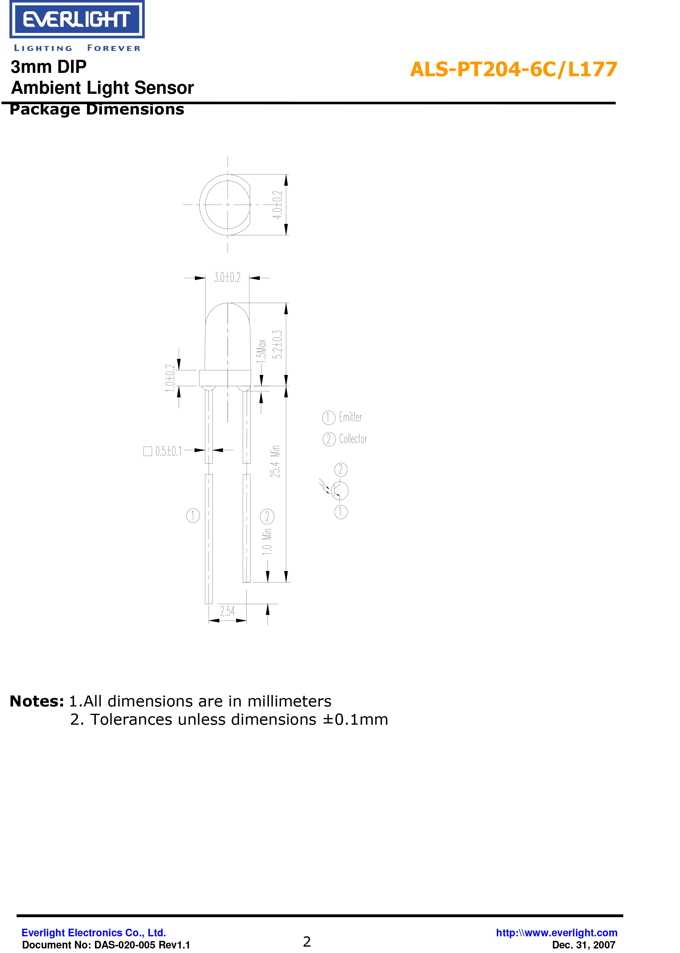 EVERLIGHT AMBIENT LIGHT SENSOR ALS-PT204-6C/L177 Datasheet