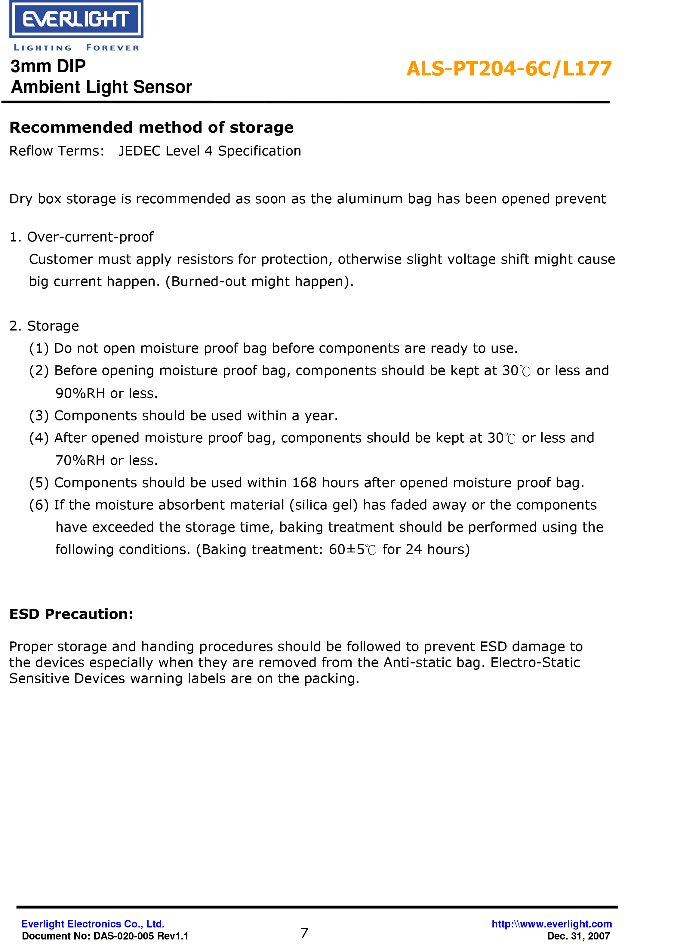 EVERLIGHT  AMBIENT LIGHT SENSOR ALS-PT204-6C/L177 Datasheet