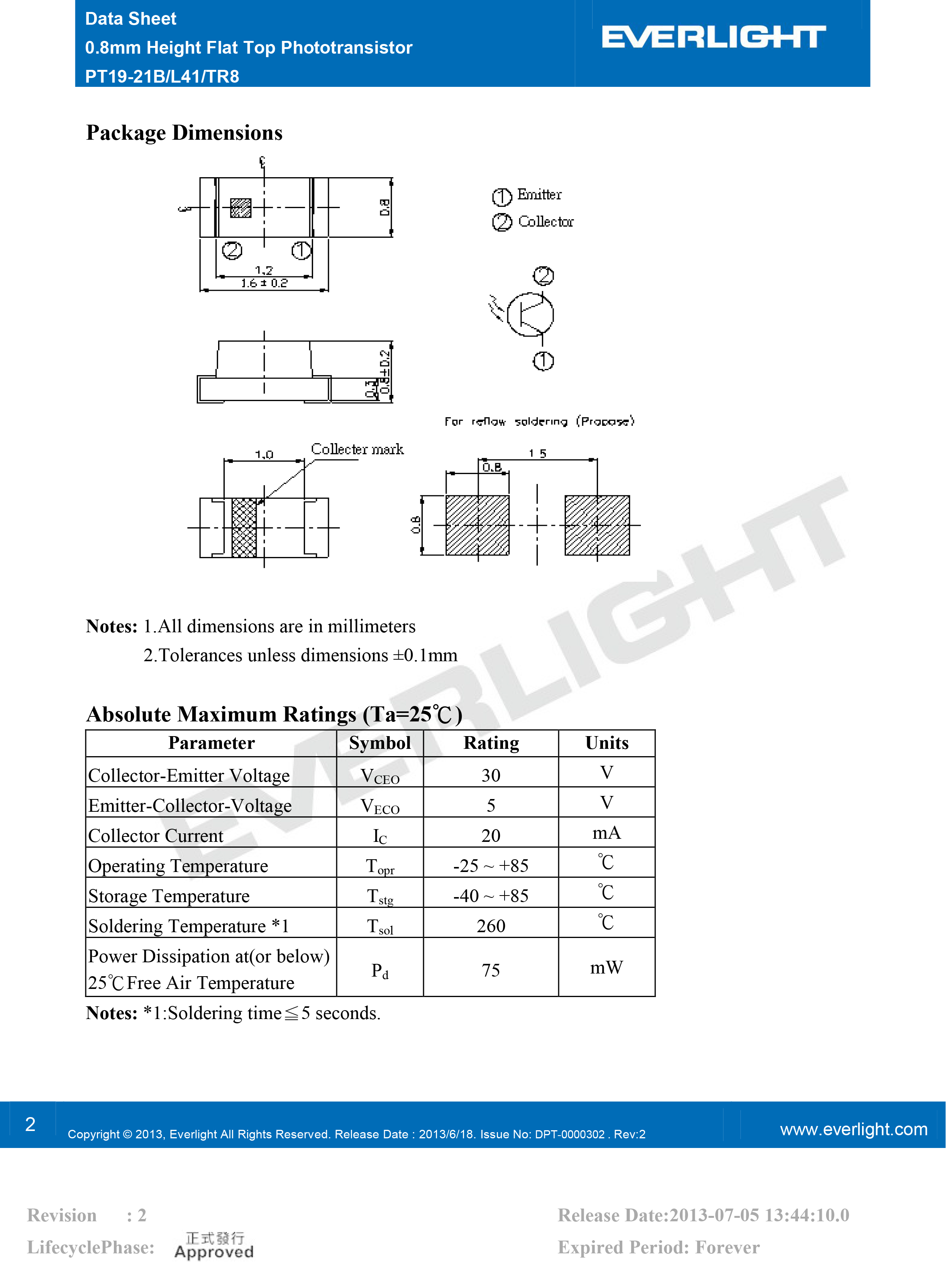 EVERLIGHT SMD 0603  PHOTO DIODE PT19-21B/L41/TR8 Datasheet