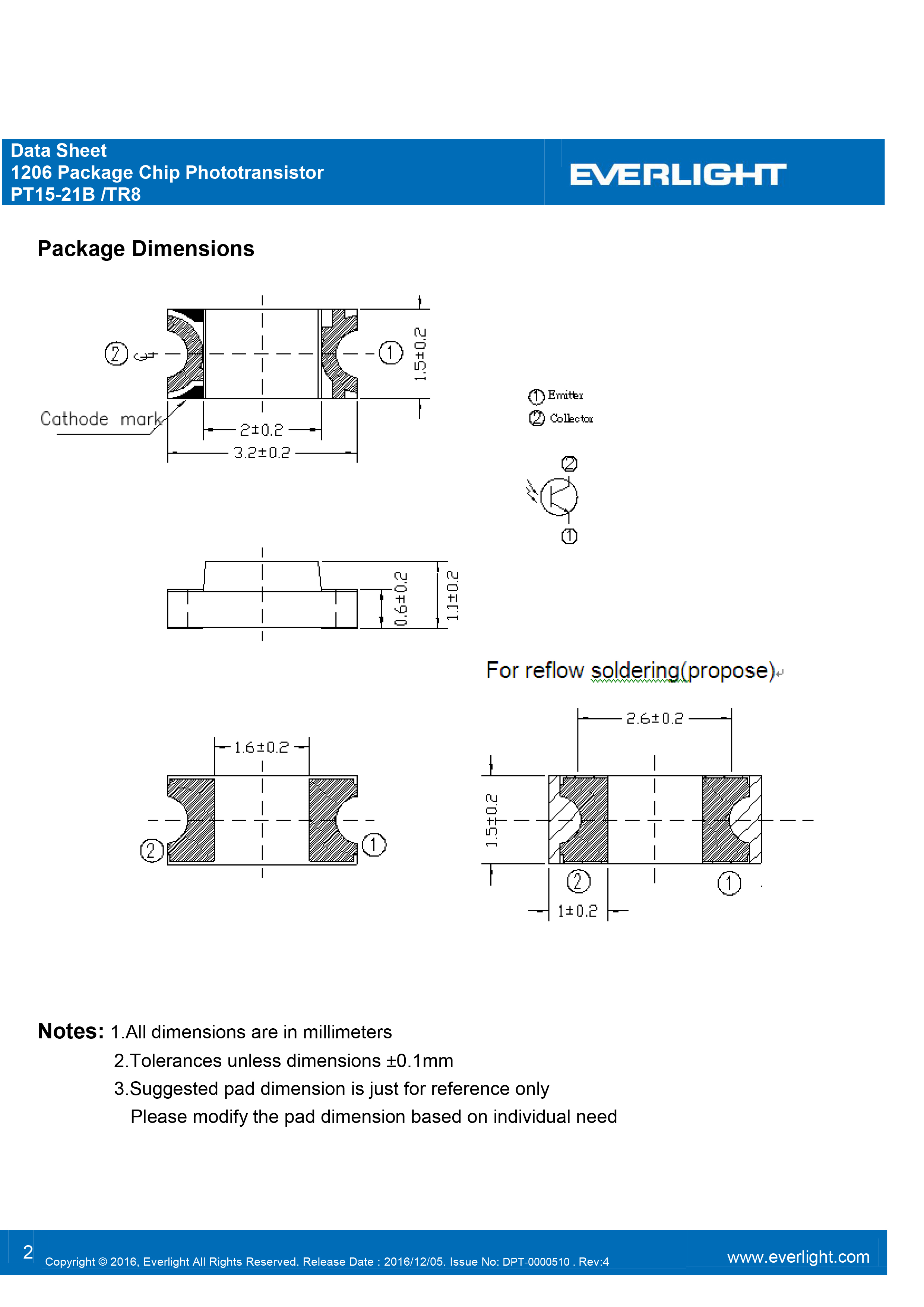 EVERLIGHT SMD 1206  PHOTO DIODE PT15-21B-TR8 Datasheet