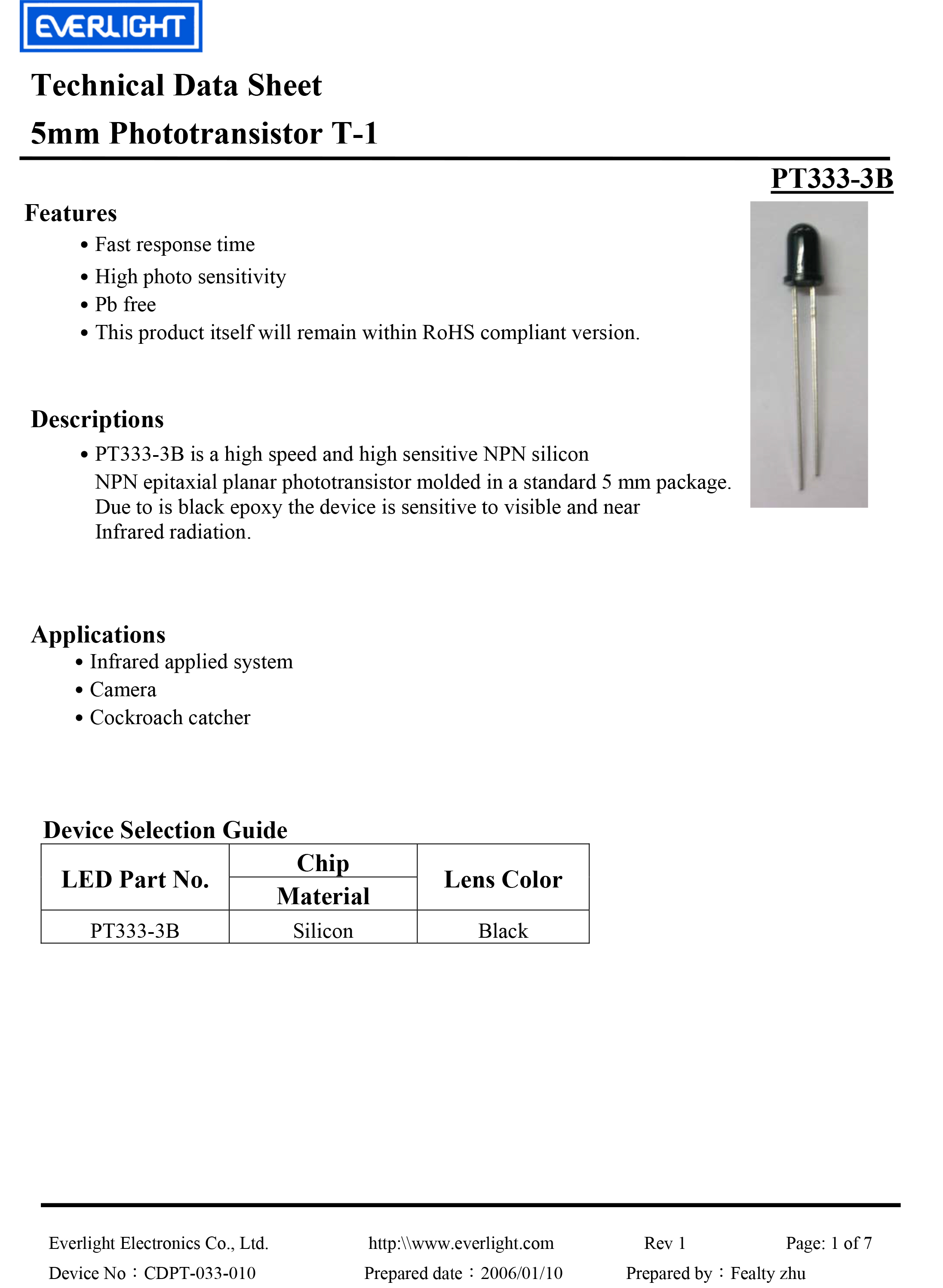 EVERLIGHT DIP 5mm PHOTO DIODE PT333-3B Datasheet