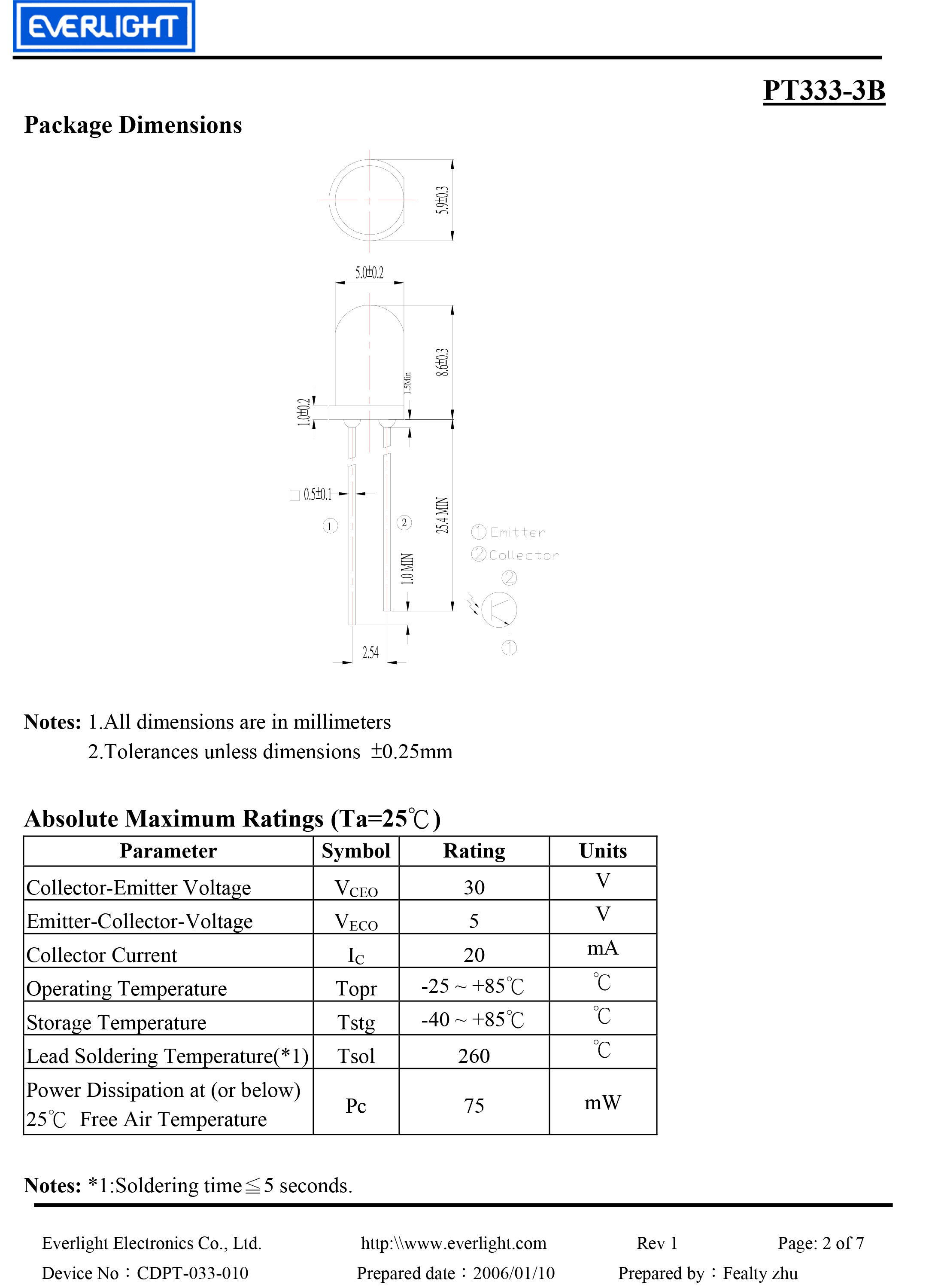 EVERLIGHT DIP 5mm PHOTO DIODE PT333-3B Datasheet