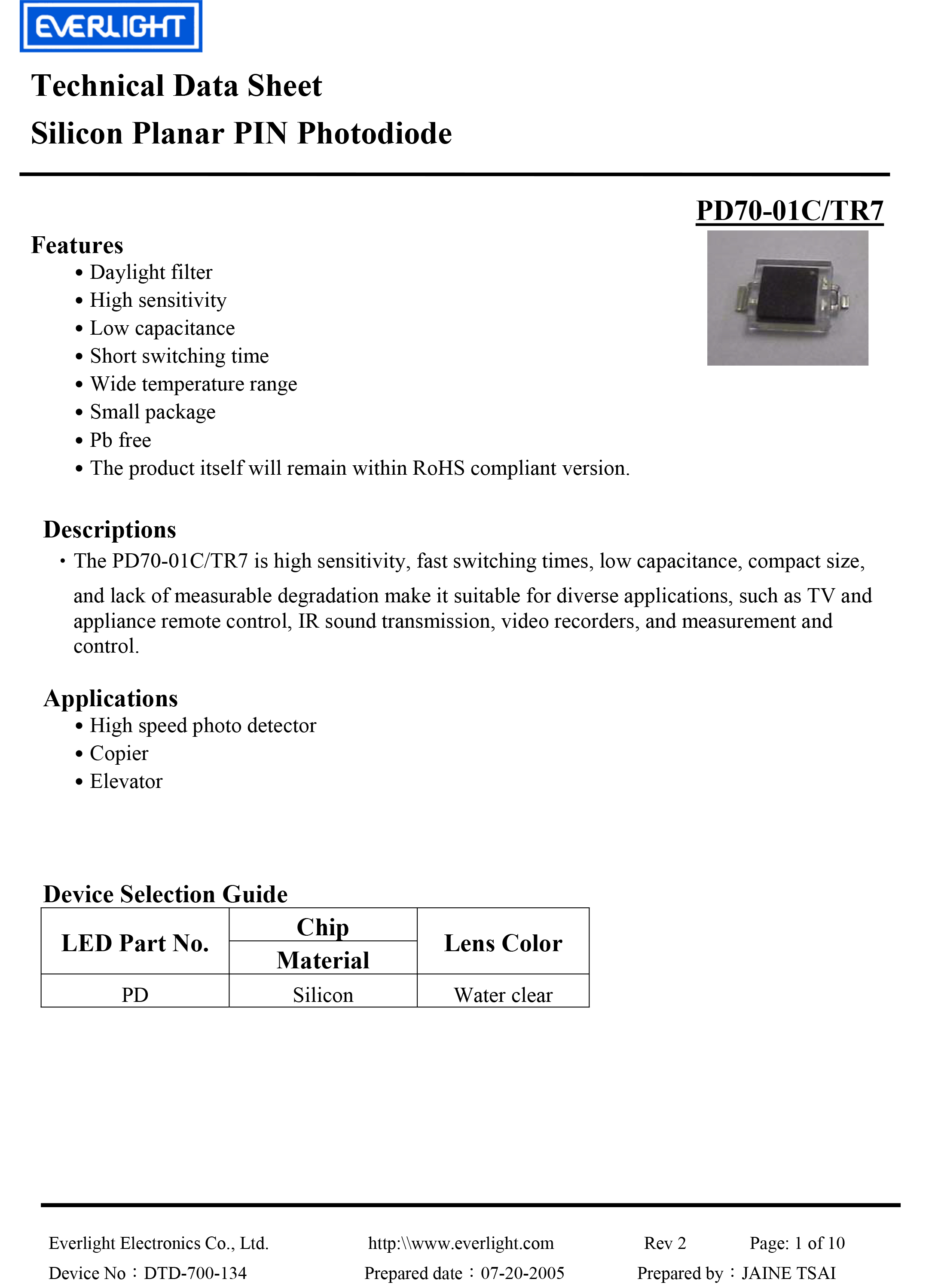 EVERLIGHT SMD PHOTO DIODE  PD70-01C-TR7 Datasheet