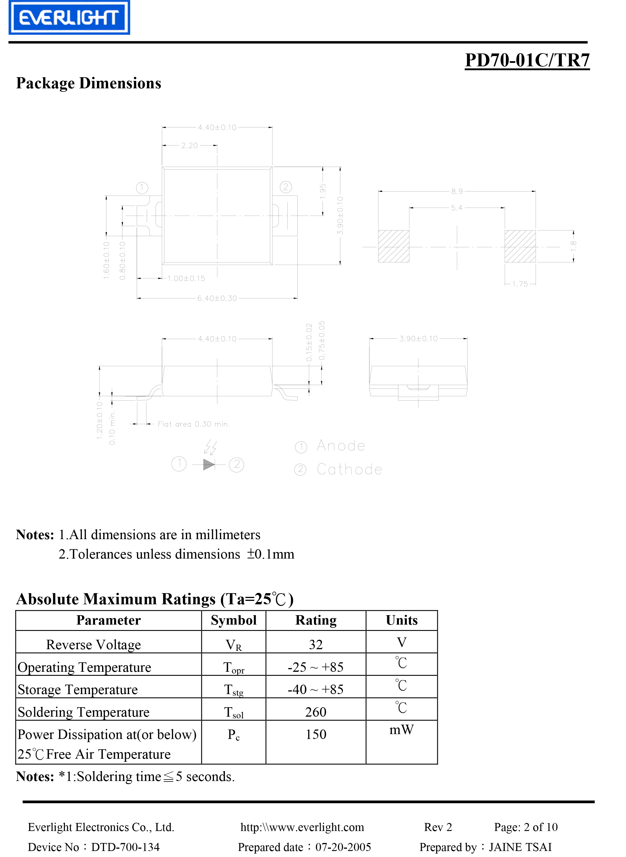 EVERLIGHT SMD PHOTO DIODE  PD70-01C-TR7 Datasheet