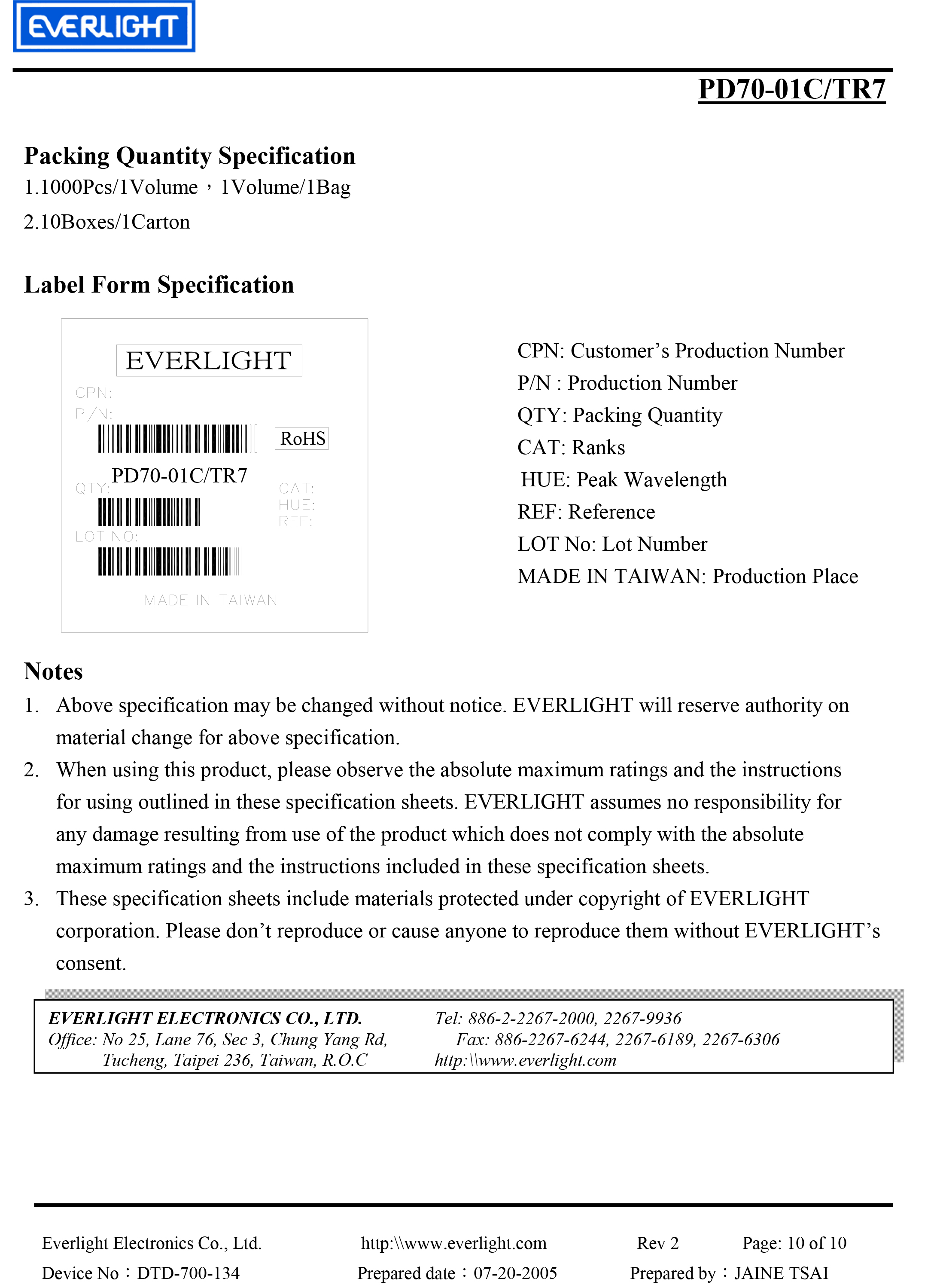 EVERLIGHT SMD PHOTO DIODE  PD70-01C-TR7 Datasheet