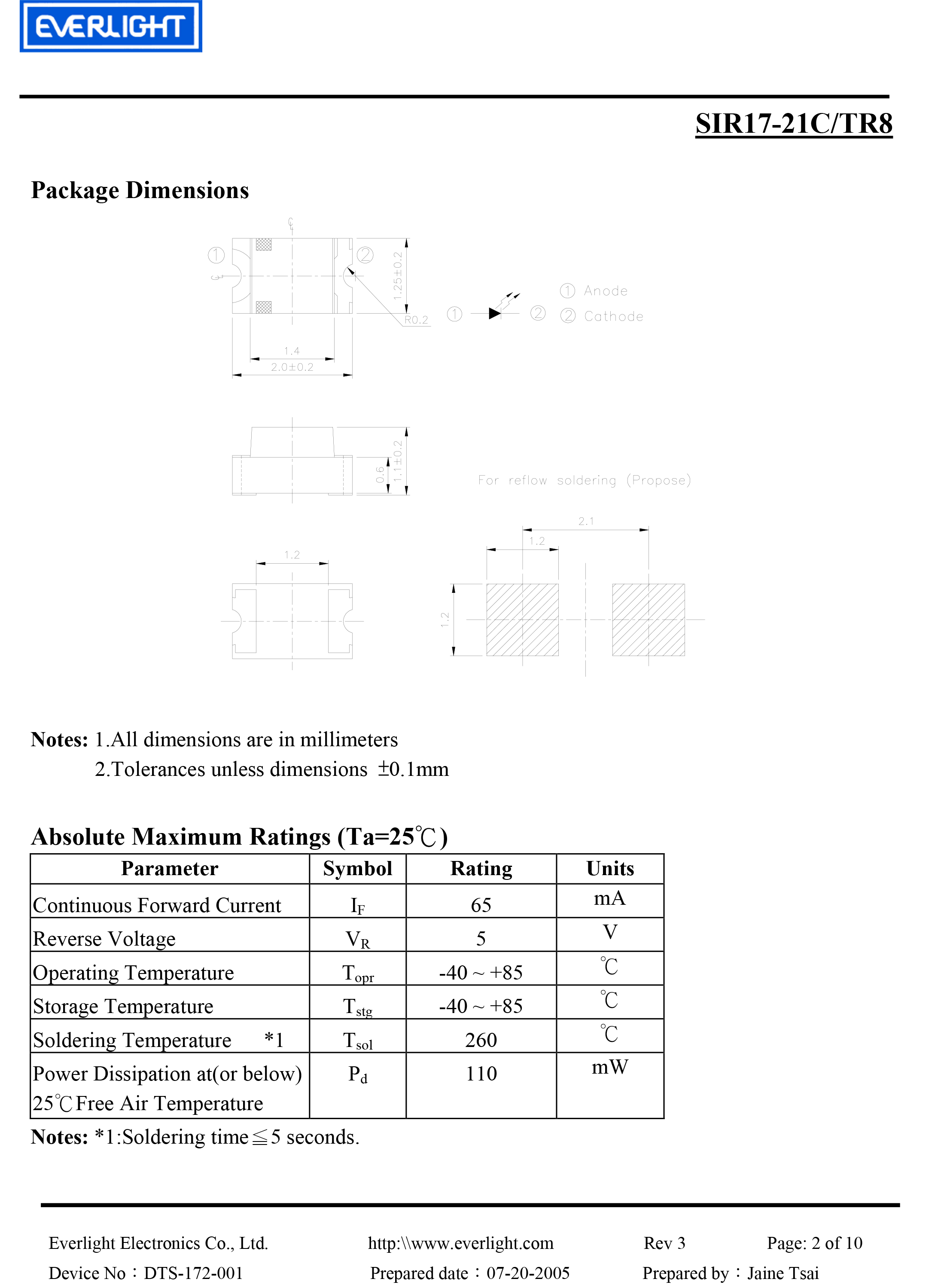 everlight smd 0805 IR Emitte SIR17-21C-TR8 Datasheet