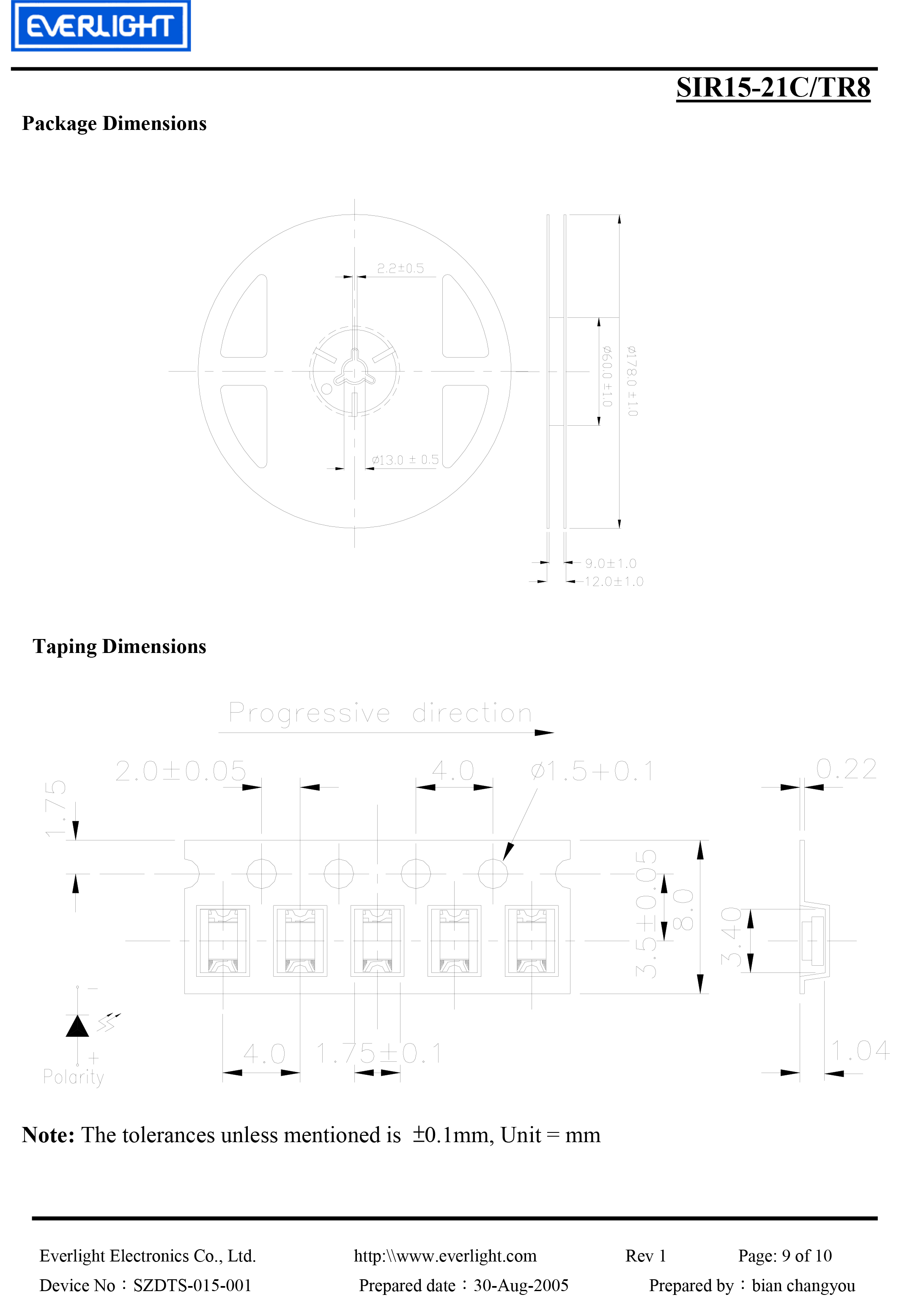 everlight smd 1206 IR Emitter SIR15-21C/TR8 Datasheet