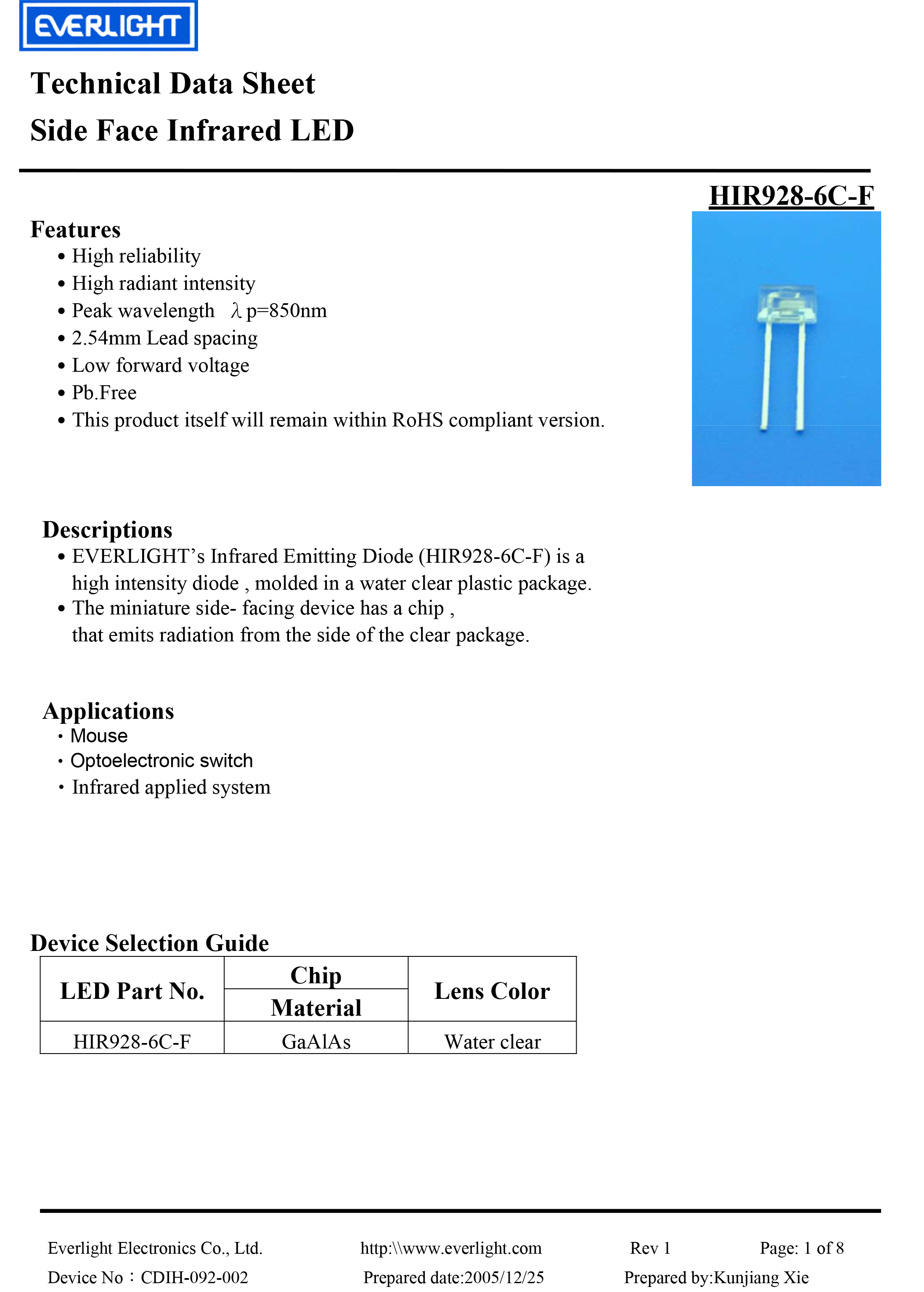 EVERLIGHT DIP IR EMITTER HIR928-6C-F Datasheet