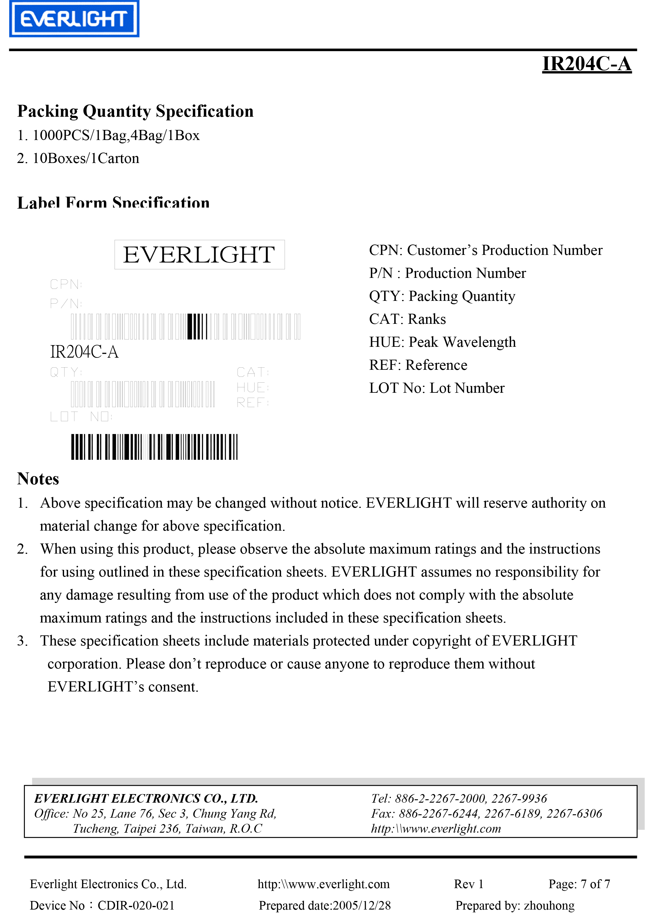 EVERLIGHT 3mm IR EMITTER SIR204-A Datasheet